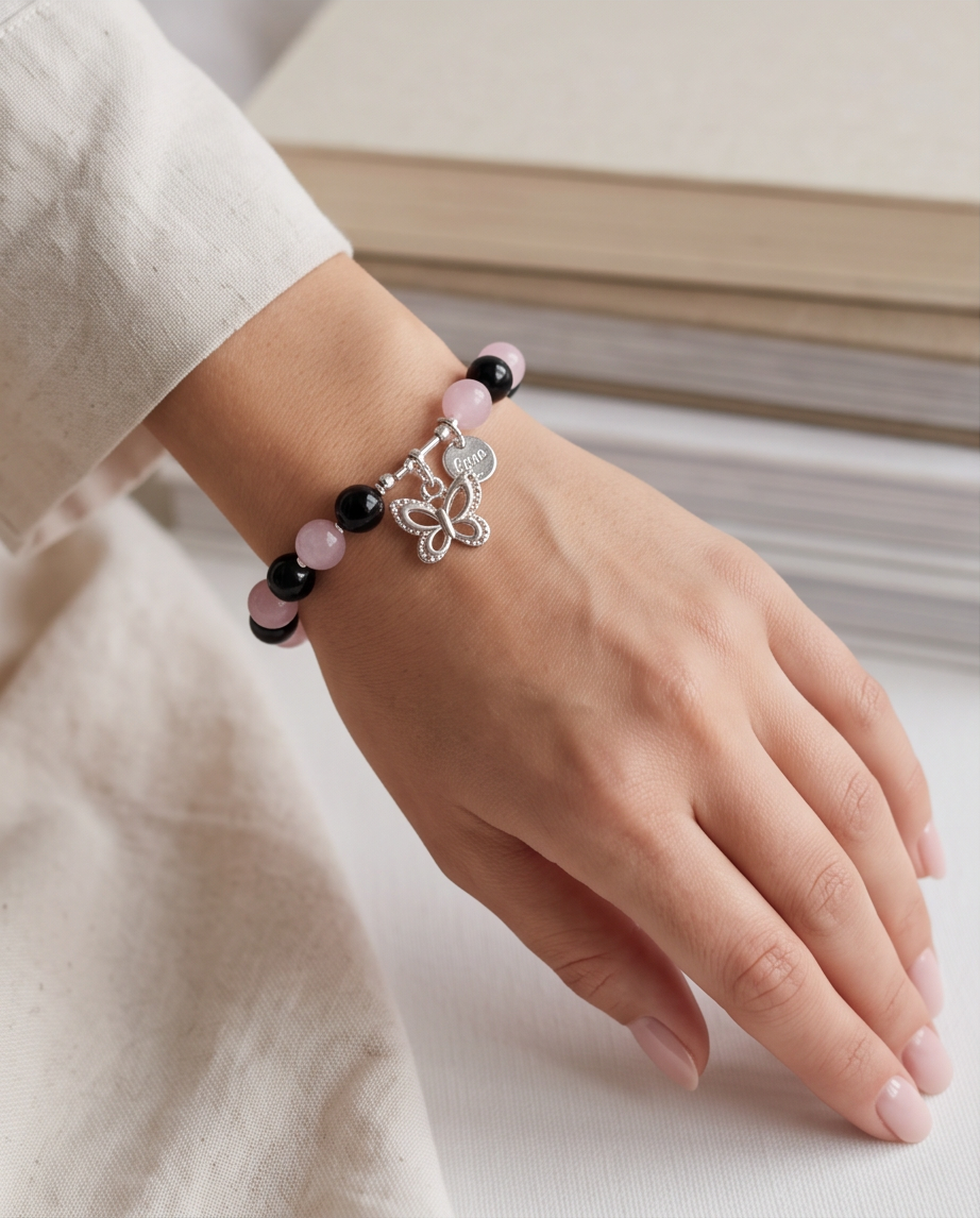 .950 Sterling Silver Rose Quartz Onyx Bracelet - 7.5”