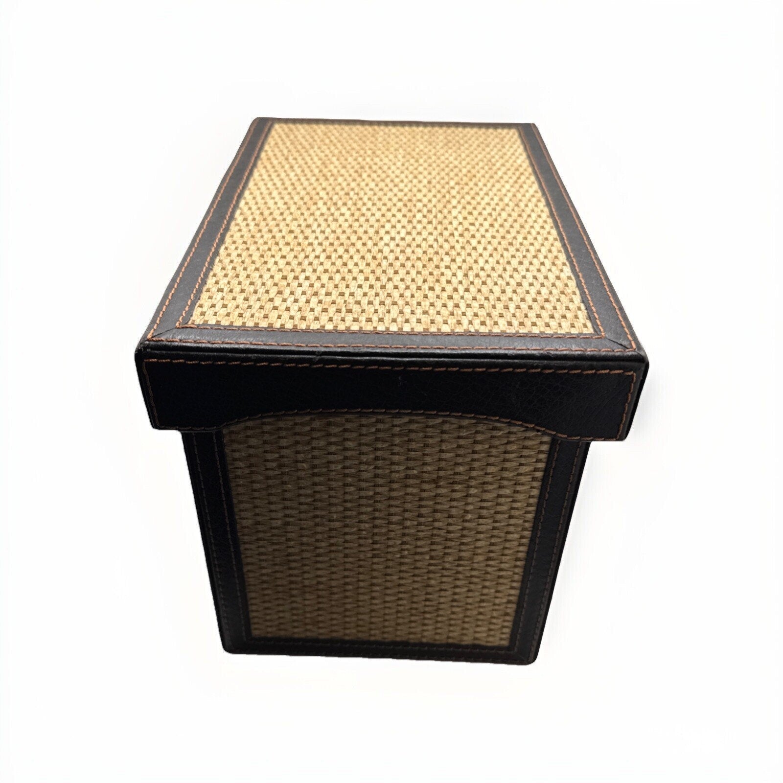 LC Woven Grass Box Trimmed with Lid Genuine Brown Leather and Lined in Suede