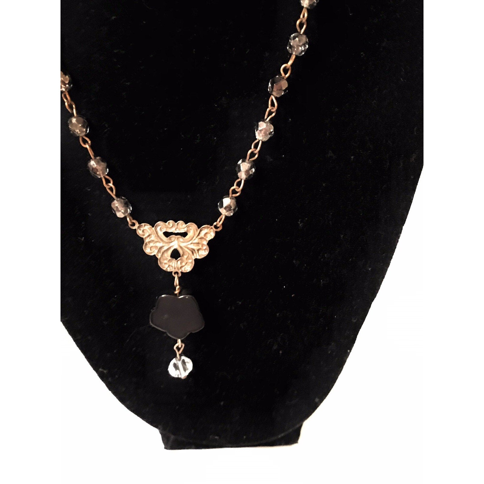 Vintage Fashion Jewelry Necklace w/ Black Rose Pendant 24”