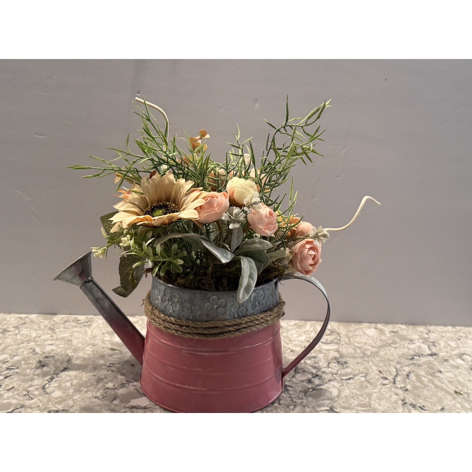 Spring Floral Arrangement in Metal Watering Can - Farmhouse Beach Rustic Decor