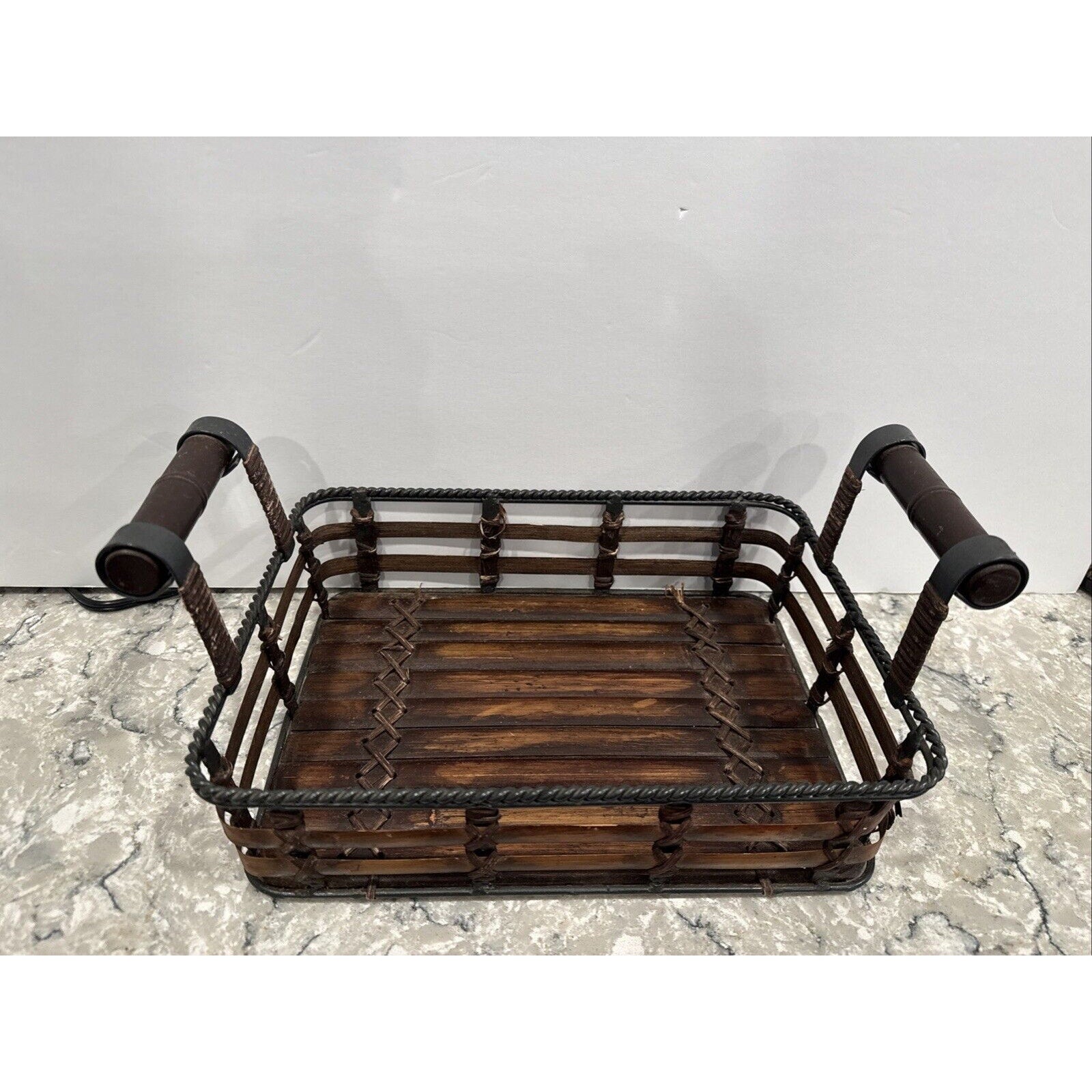 Woven Bamboo Tray with Metal Structure Handles Black/Brown