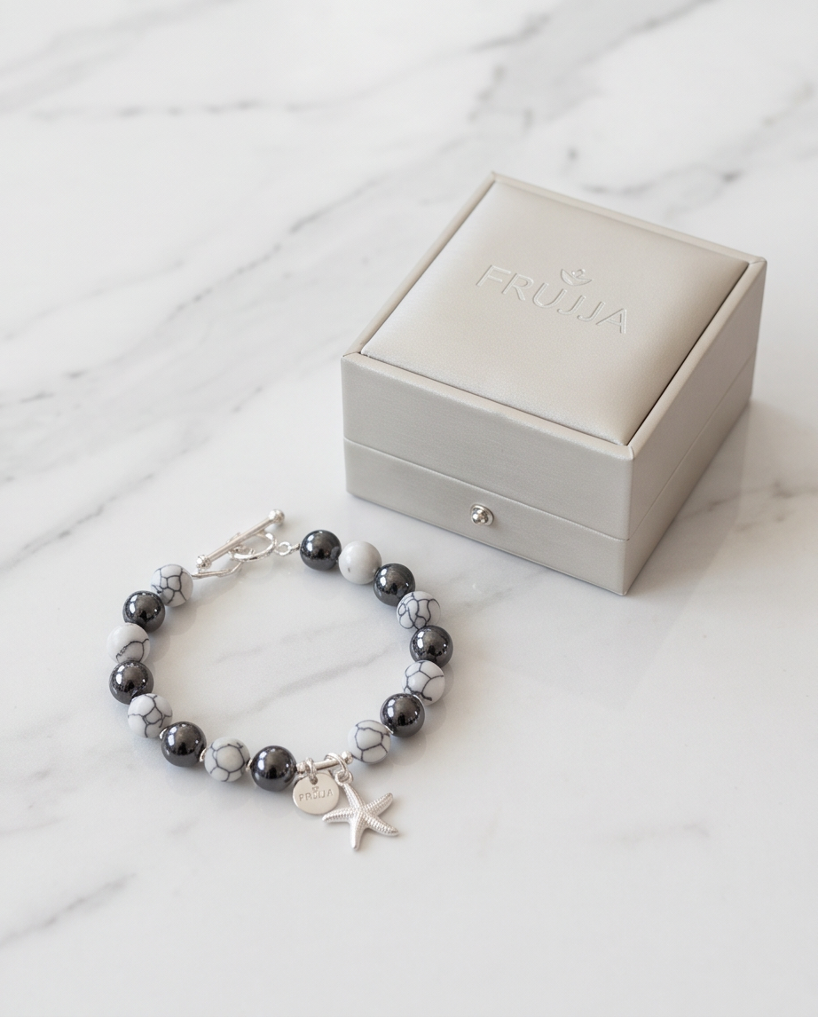 .950 Sterling Silver Hematite Howlite Stones Bracelet - 7.5”