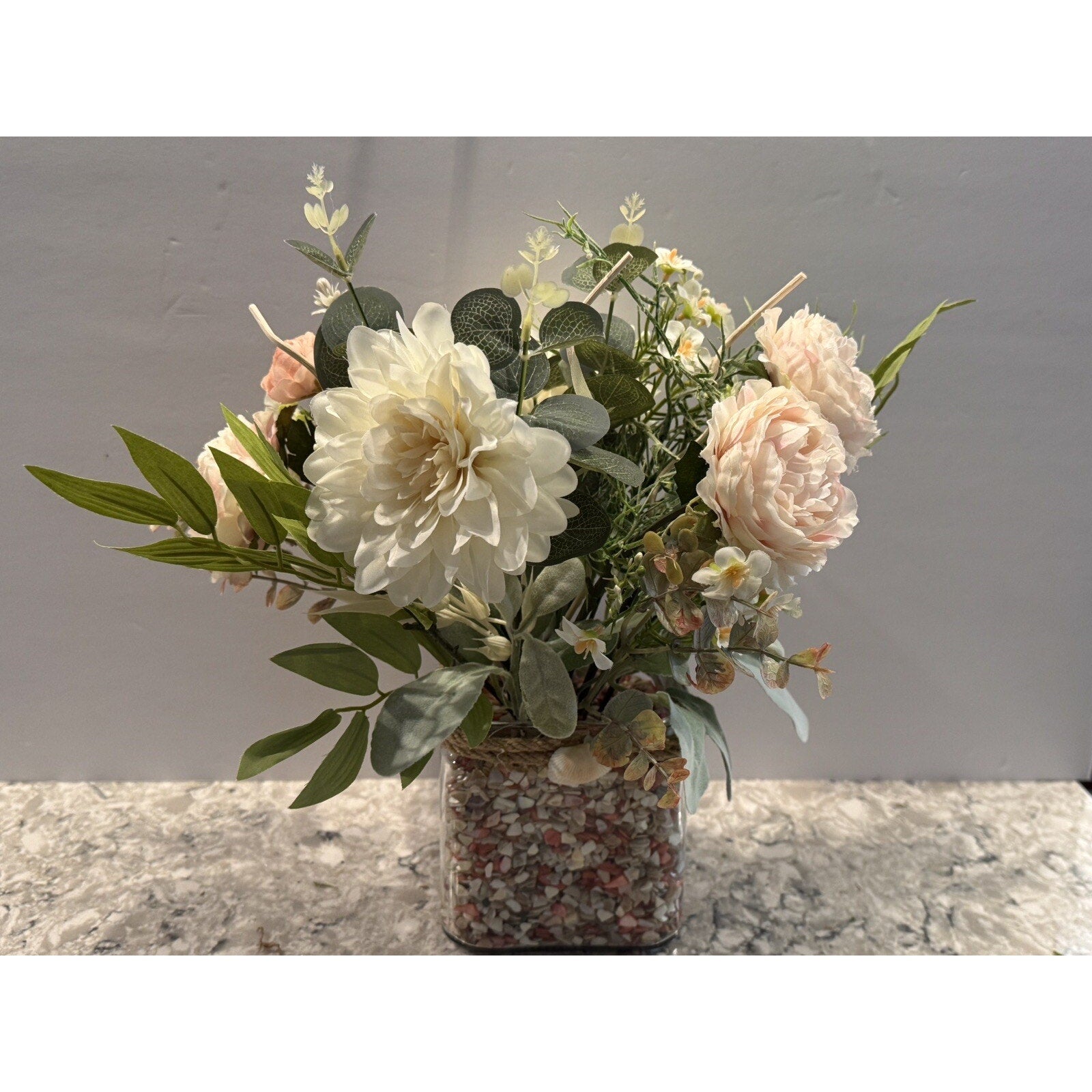 Spring Silk Floral Arrangement Clear Glass Vase Shell Chips Beach Decor