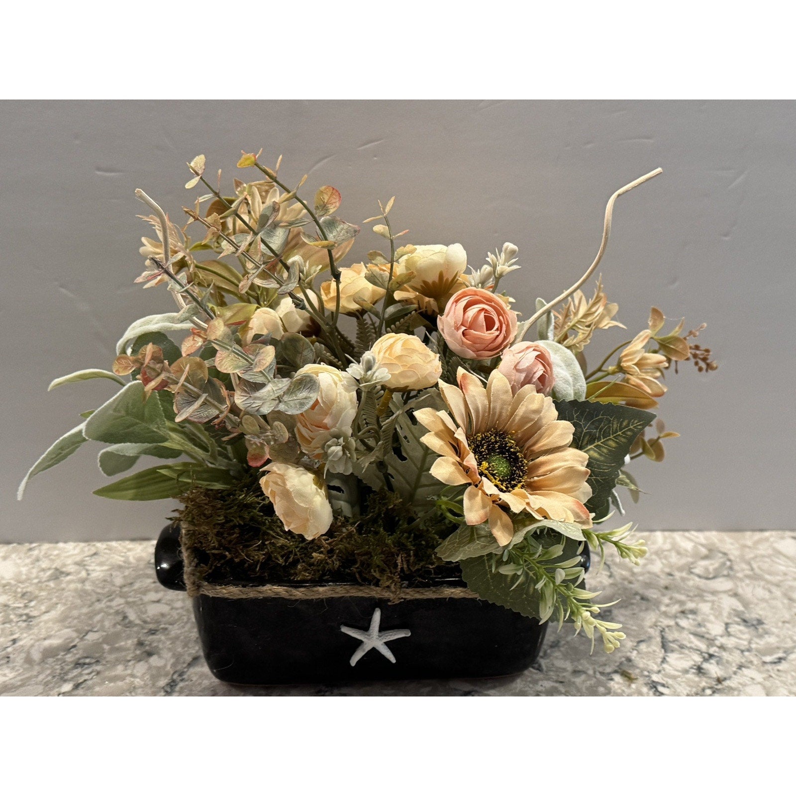 Spring Silk Floral Arrangement Black Ceramic Vase Nautical Decor