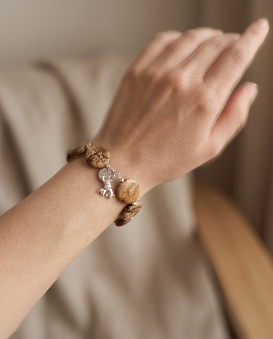 .950 Sterling Silver Picture Jasper Bracelet - 7.5”