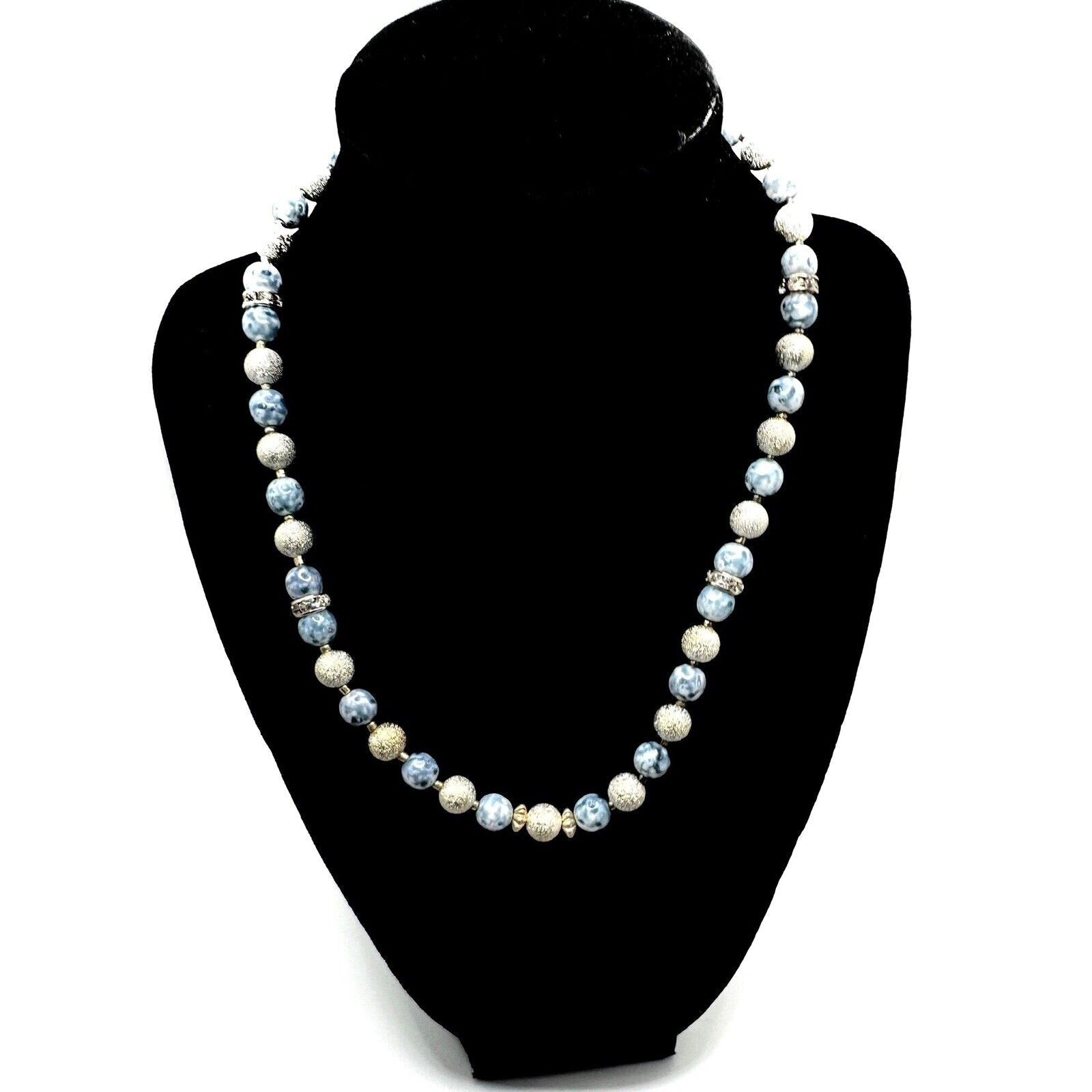 HANDMADE CERAMIC BEADED NECKLACE, BLUE & WHITE/ 18”