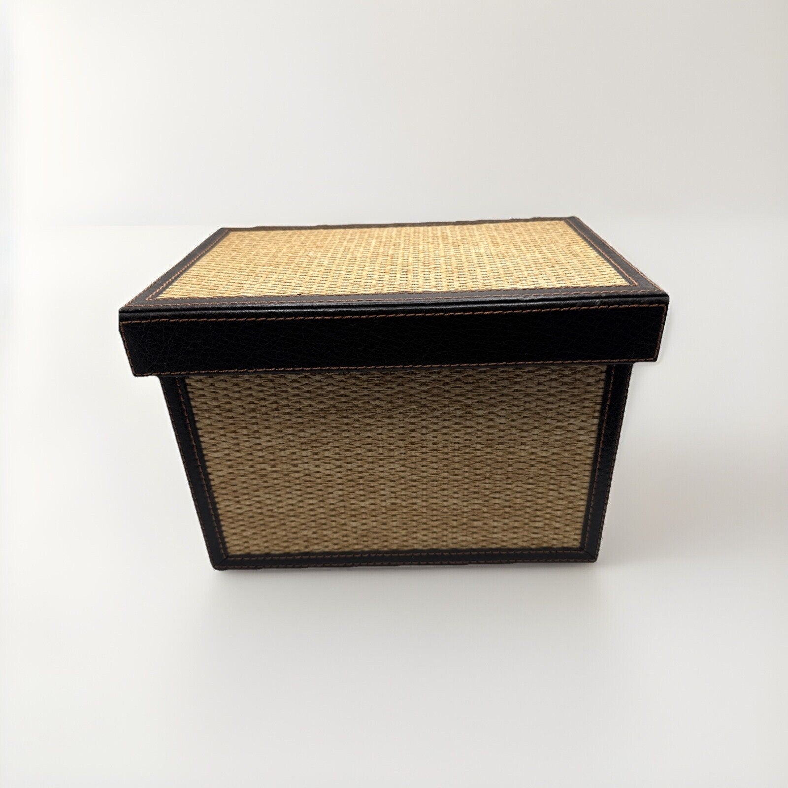LC Woven Grass Box Trimmed with Lid Genuine Brown Leather and Lined in Suede