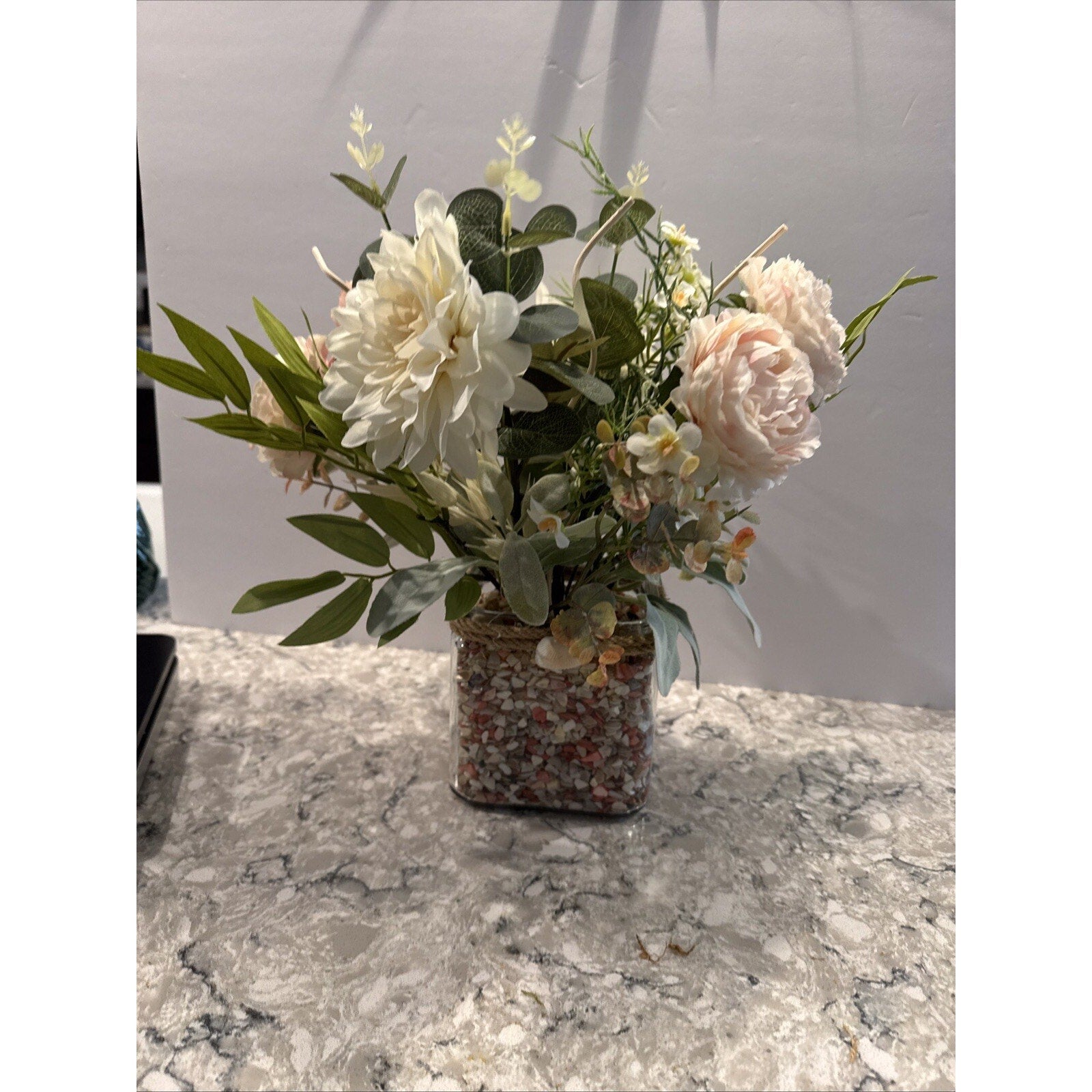 Spring Silk Floral Arrangement Clear Glass Vase Shell Chips Beach Decor