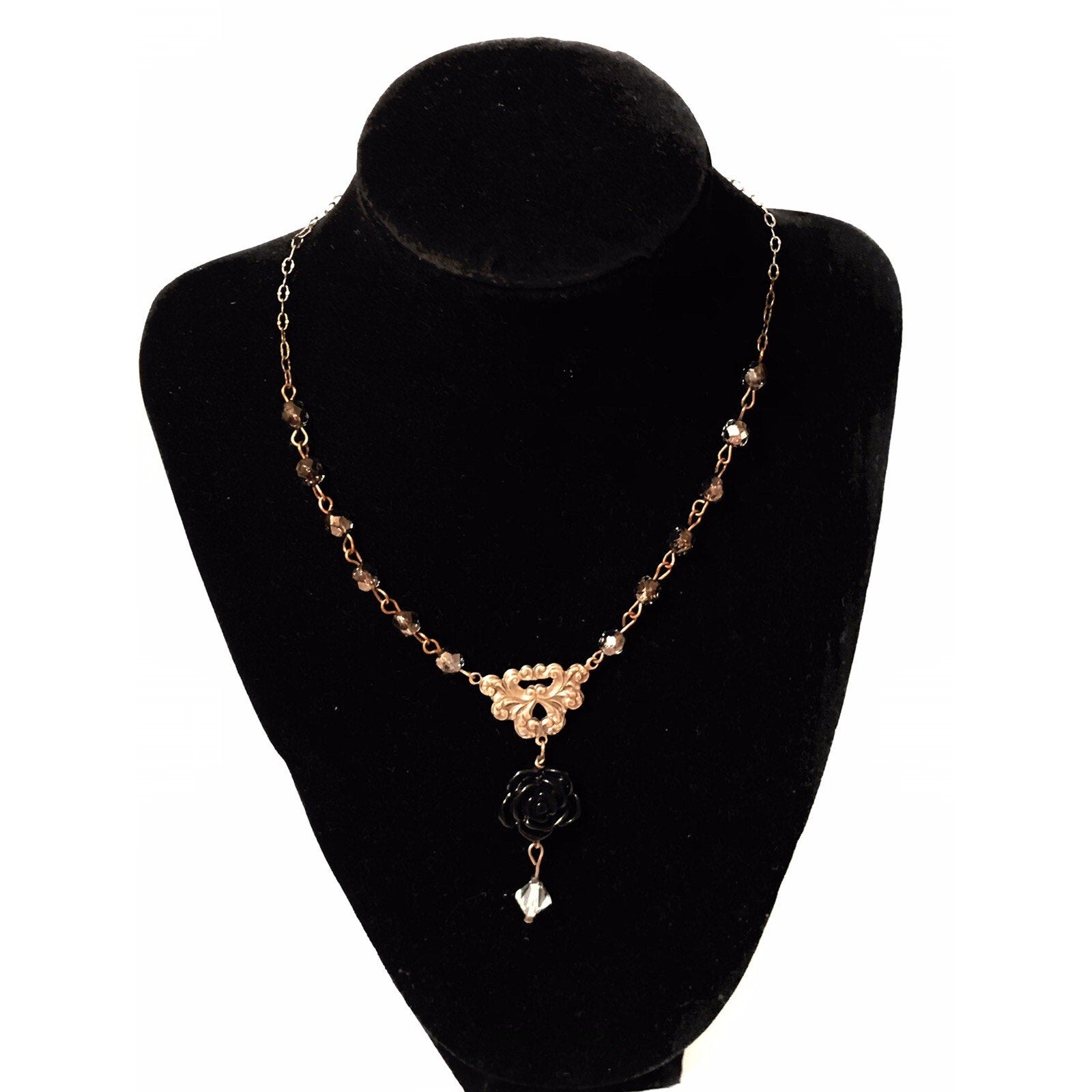 Vintage Fashion Jewelry Necklace w/ Black Rose Pendant 24”