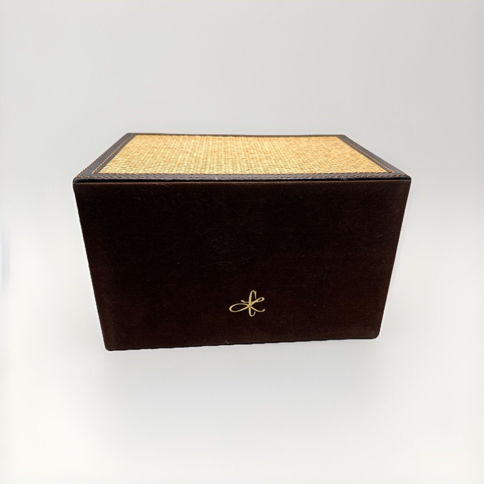 LC Woven Grass Box Trimmed with Lid Genuine Brown Leather and Lined in Suede