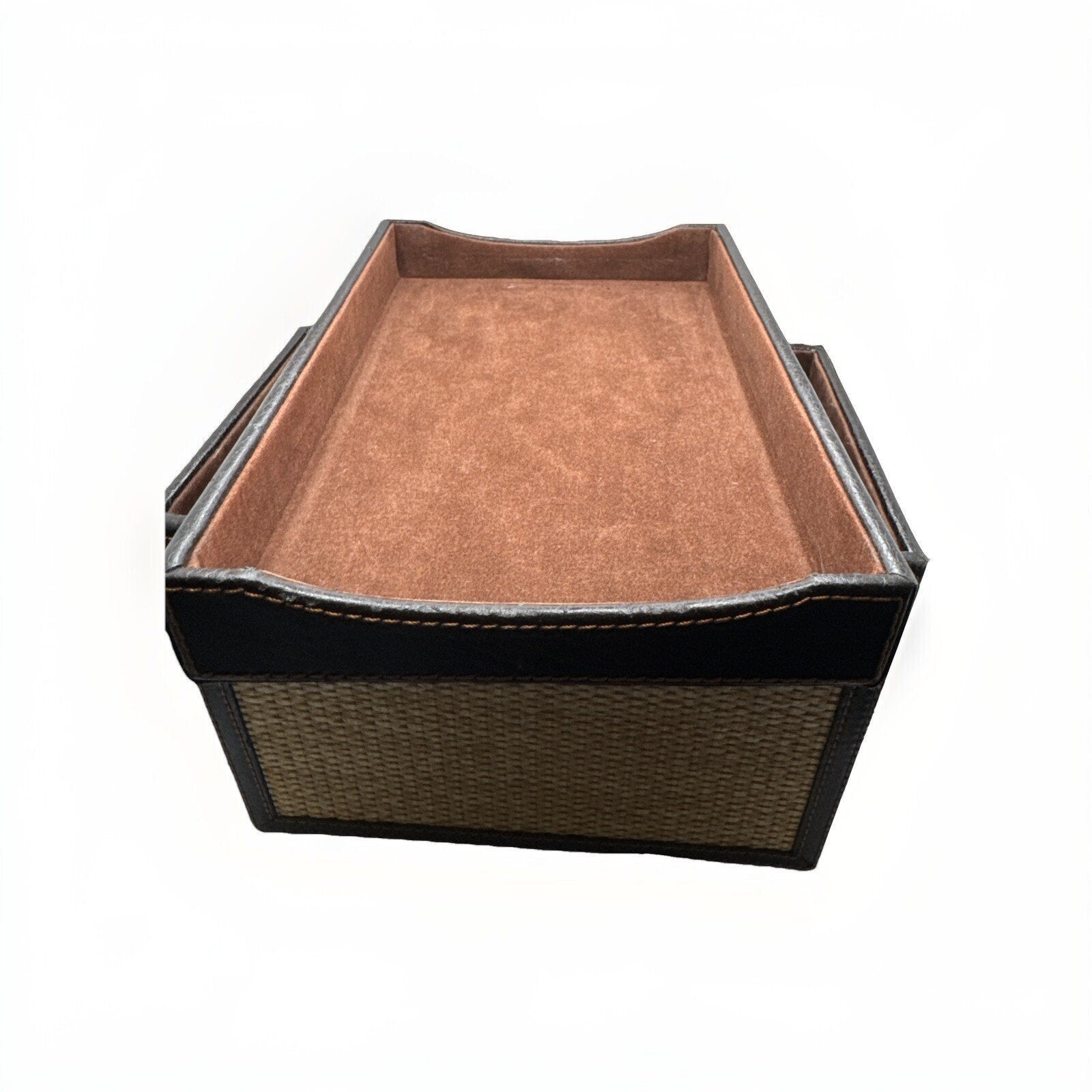 LC Woven Grass Box Trimmed with Lid Genuine Brown Leather and Lined in Suede