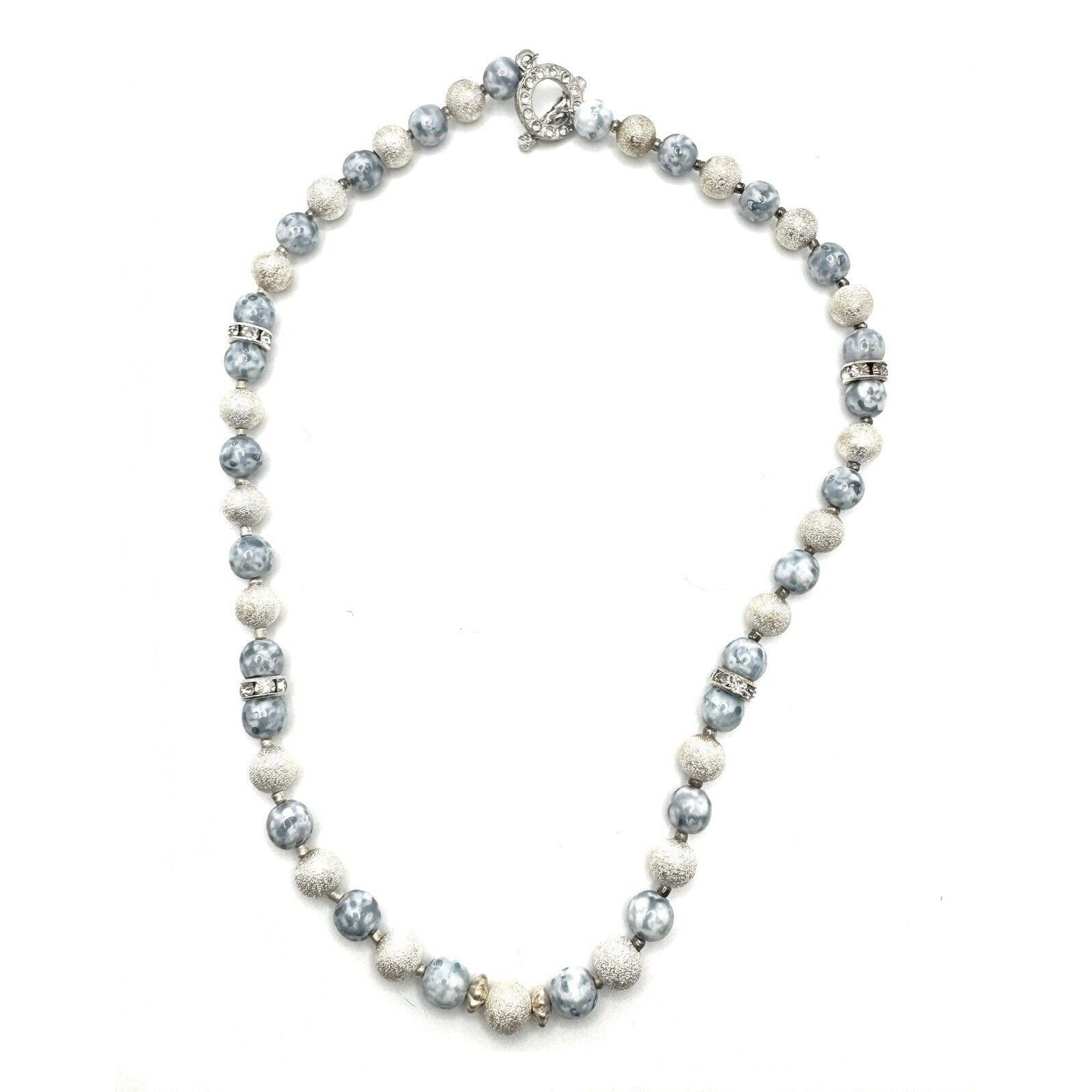 HANDMADE CERAMIC BEADED NECKLACE, BLUE & WHITE/ 18”