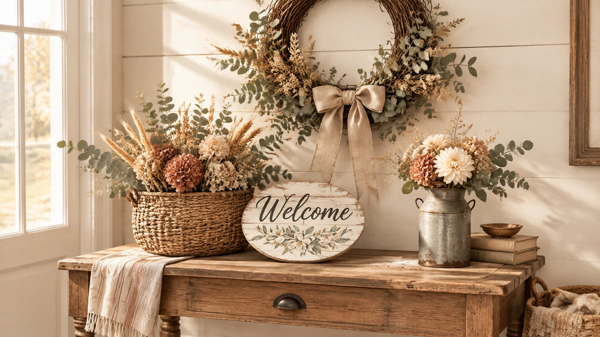 Warm fall country farmhouse entryway with a rustic wreath, natural textures, and a handmade welcome sign