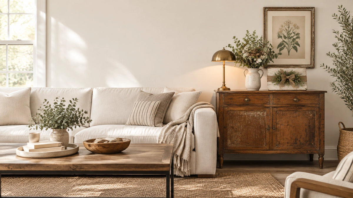Modern farmhouse living room blending contemporary furniture with vintage decor accents