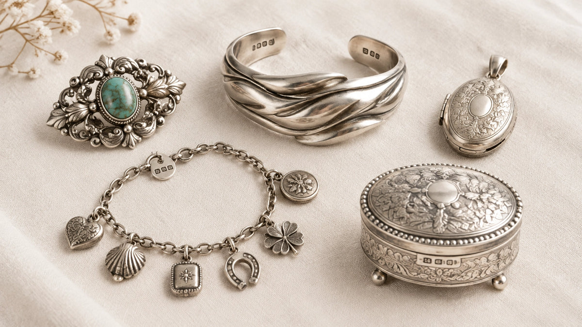 Curated vintage sterling silver jewelry and small treasures arranged on warm ivory linen