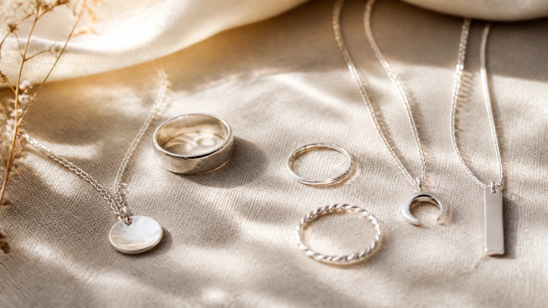 Sterling silver jewelry arranged on soft linen in natural light