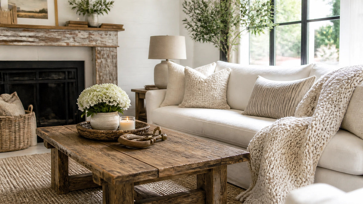 Cozy farmhouse living room with reclaimed wood and neutral decor
