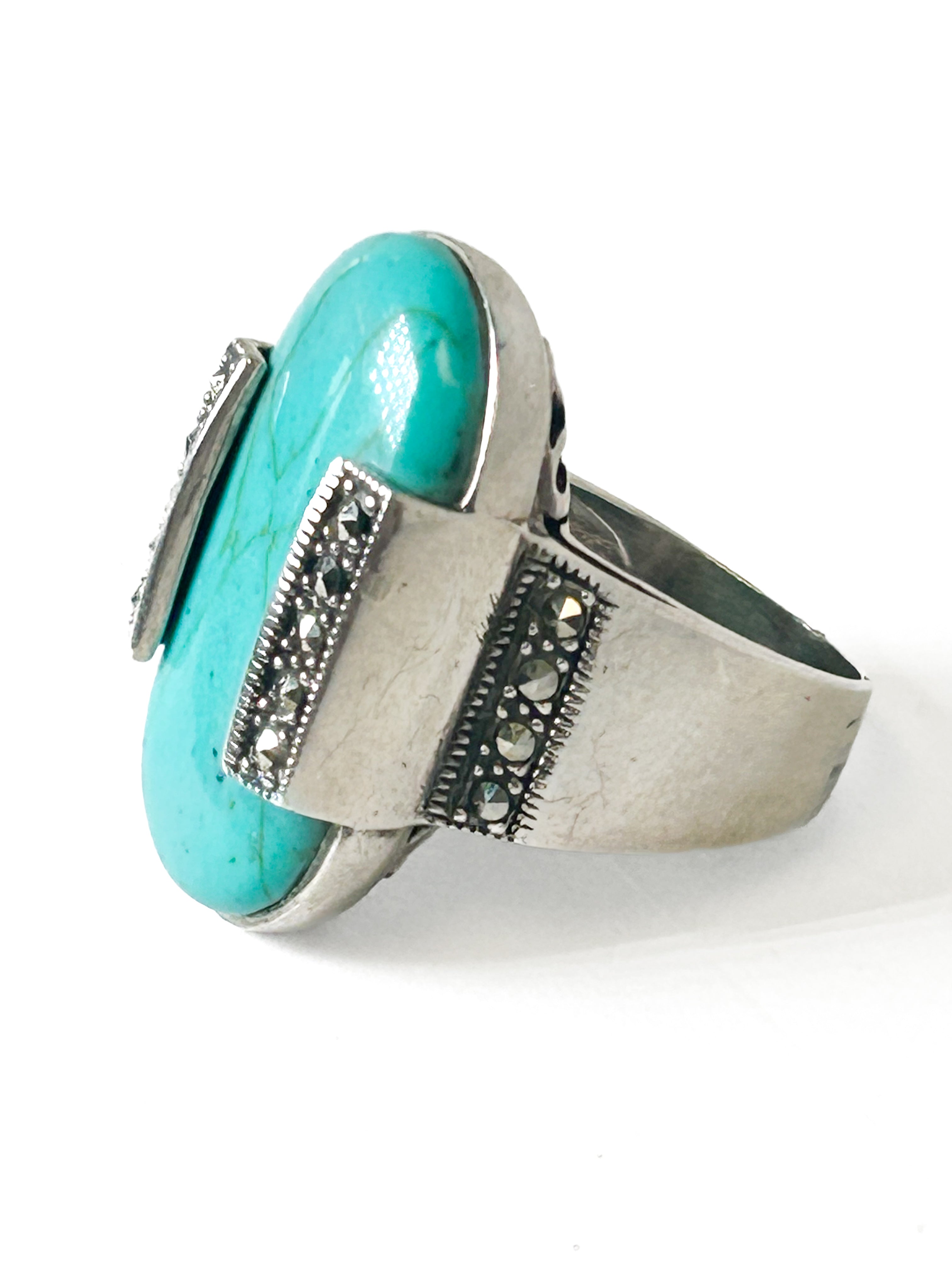 Vintage 925 Sterling Silver Large Oval Turquoise Ring  - Size 8 - Frijja, LLC