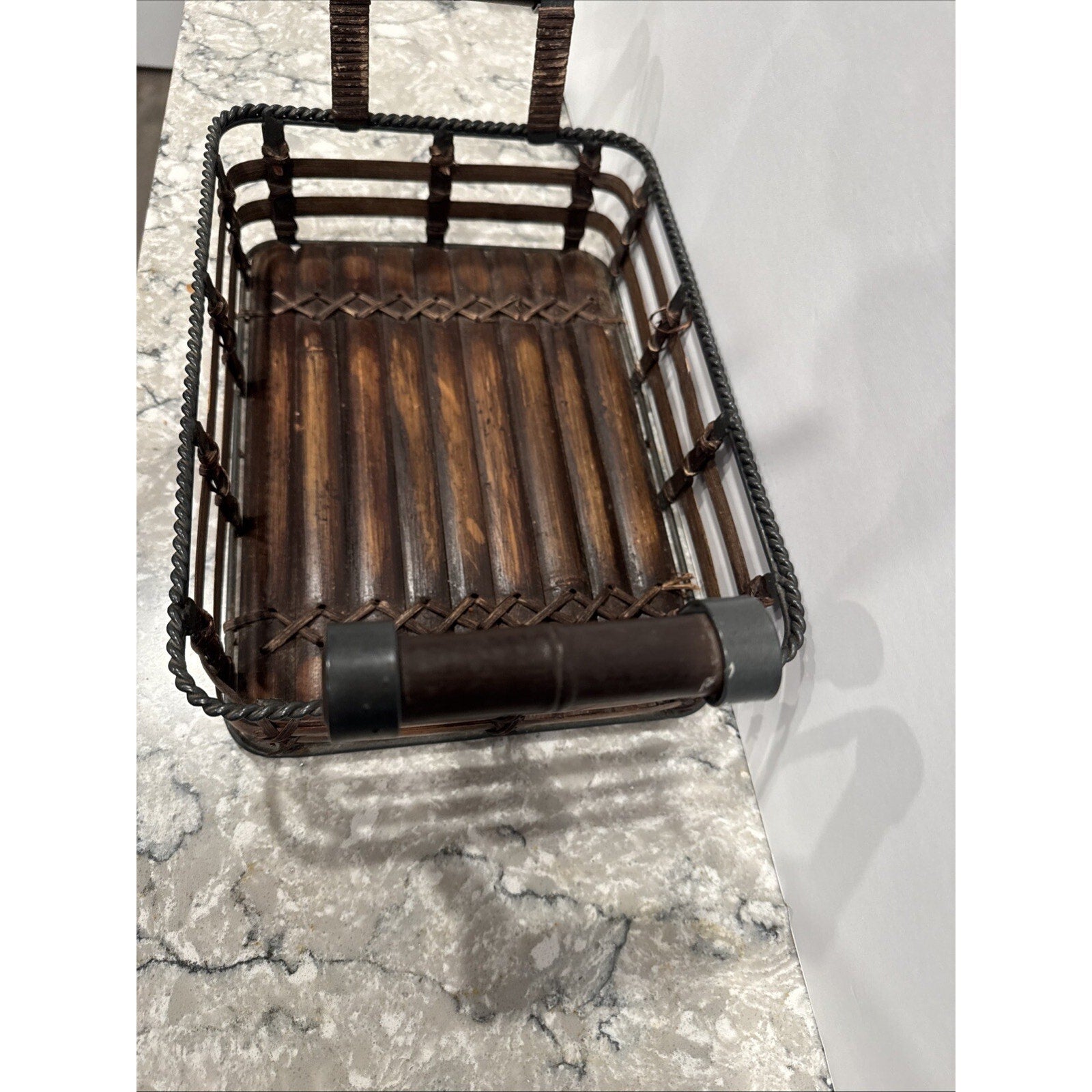 Woven Bamboo Tray with Metal Structure Handles Black/Brown