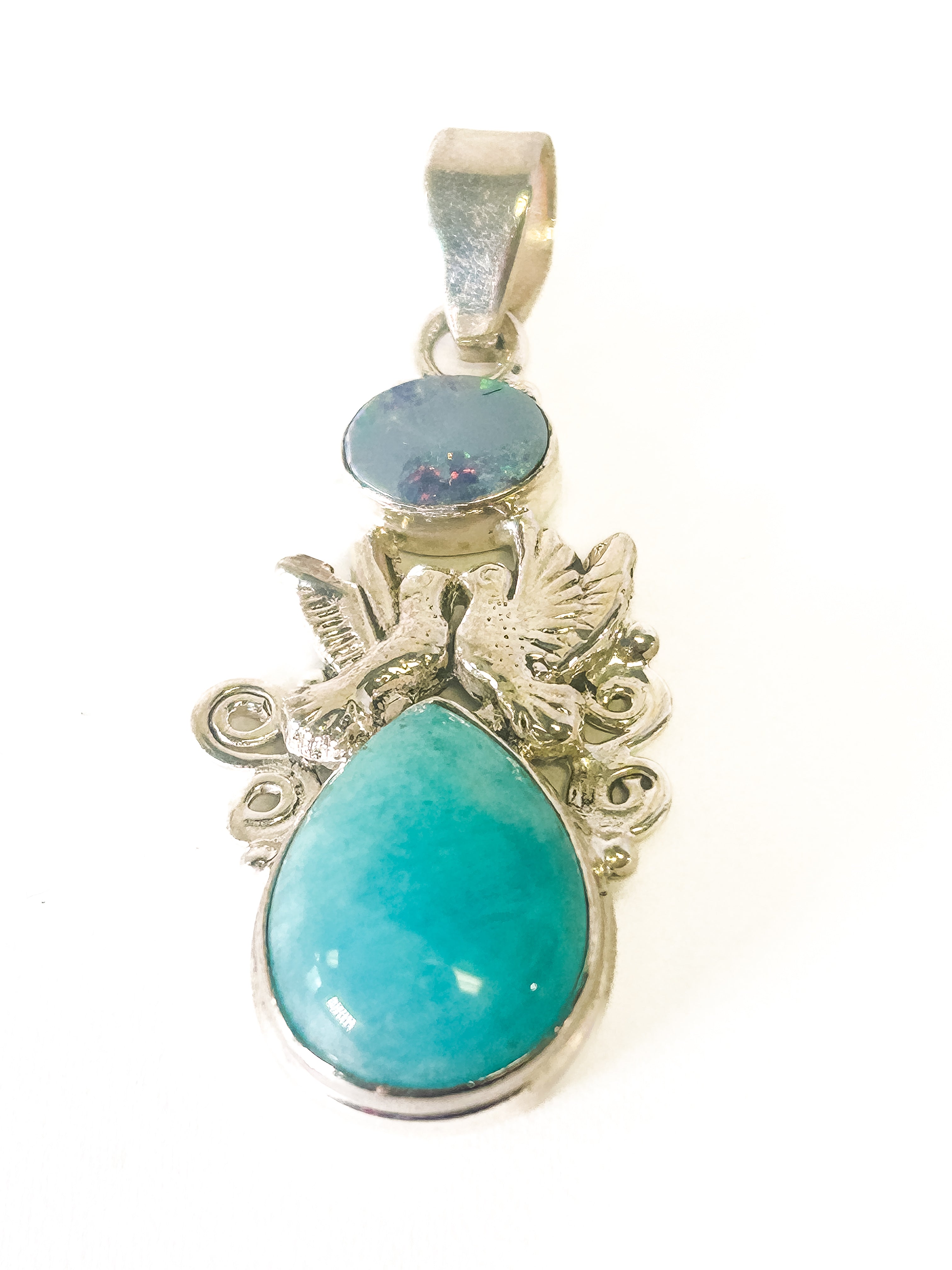 Vintage 925 Sterling Silver Australian Opal and Larimar Pendant - Frijja, LLC