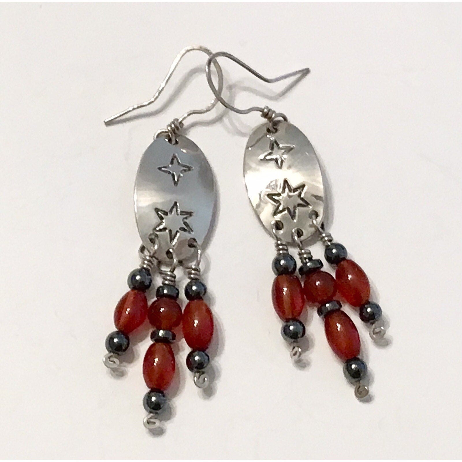 925 Sterling Silver Carnelian & Hematite Earrings Mystical - 3”
