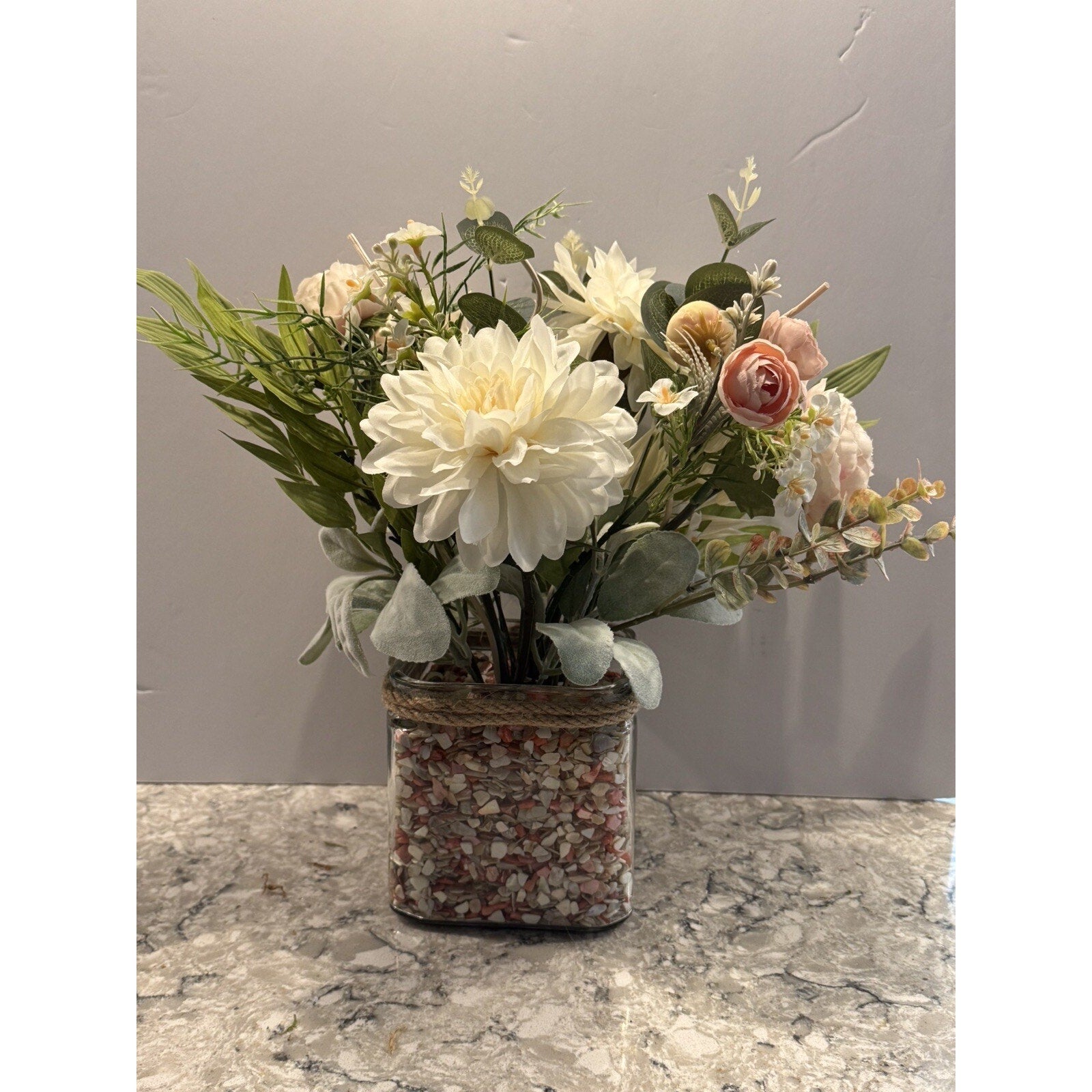 Spring Silk Floral Arrangement Clear Glass Vase Shell Chips Beach Decor