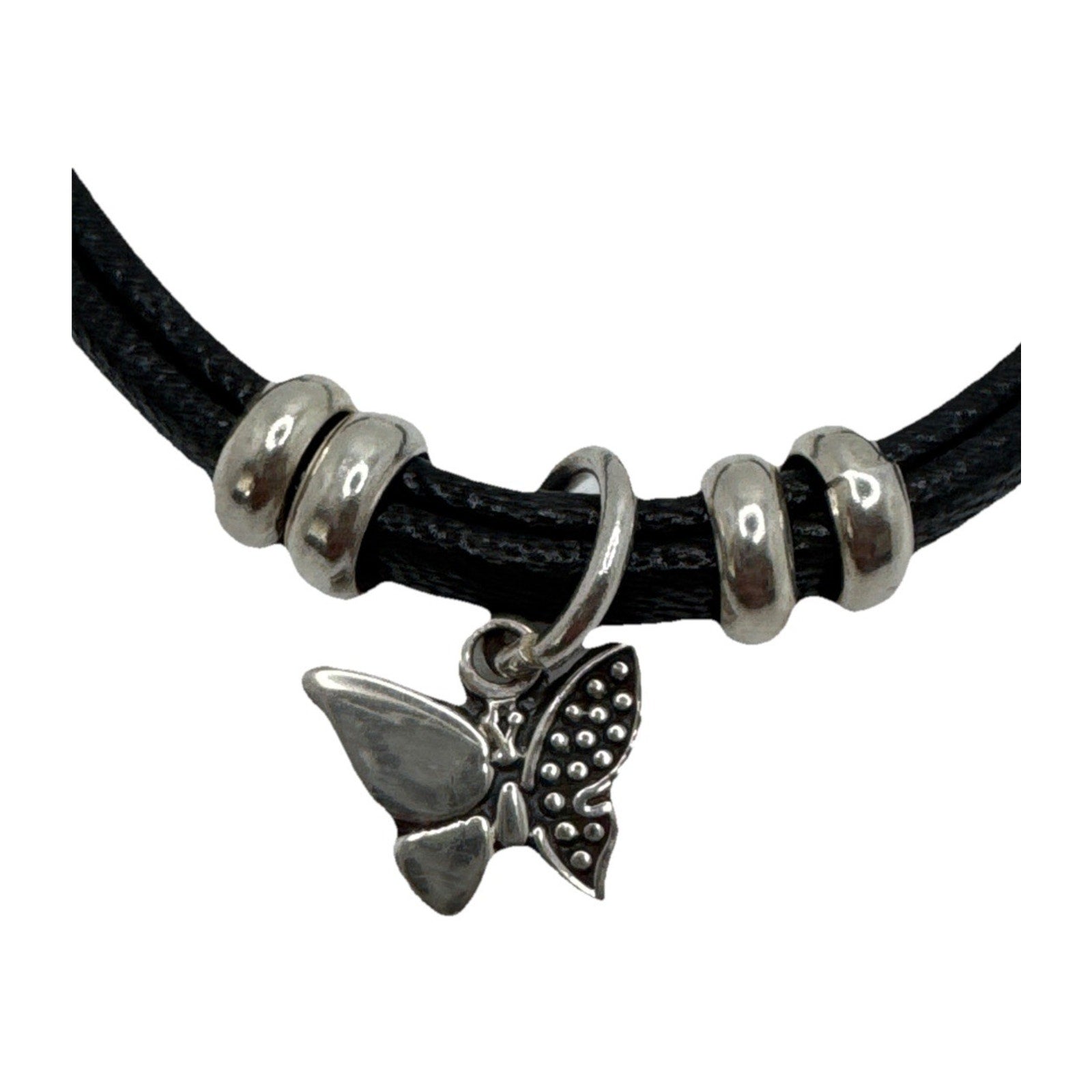 950 Sterling Silver Black Leather Bracelet Butterfly Charm