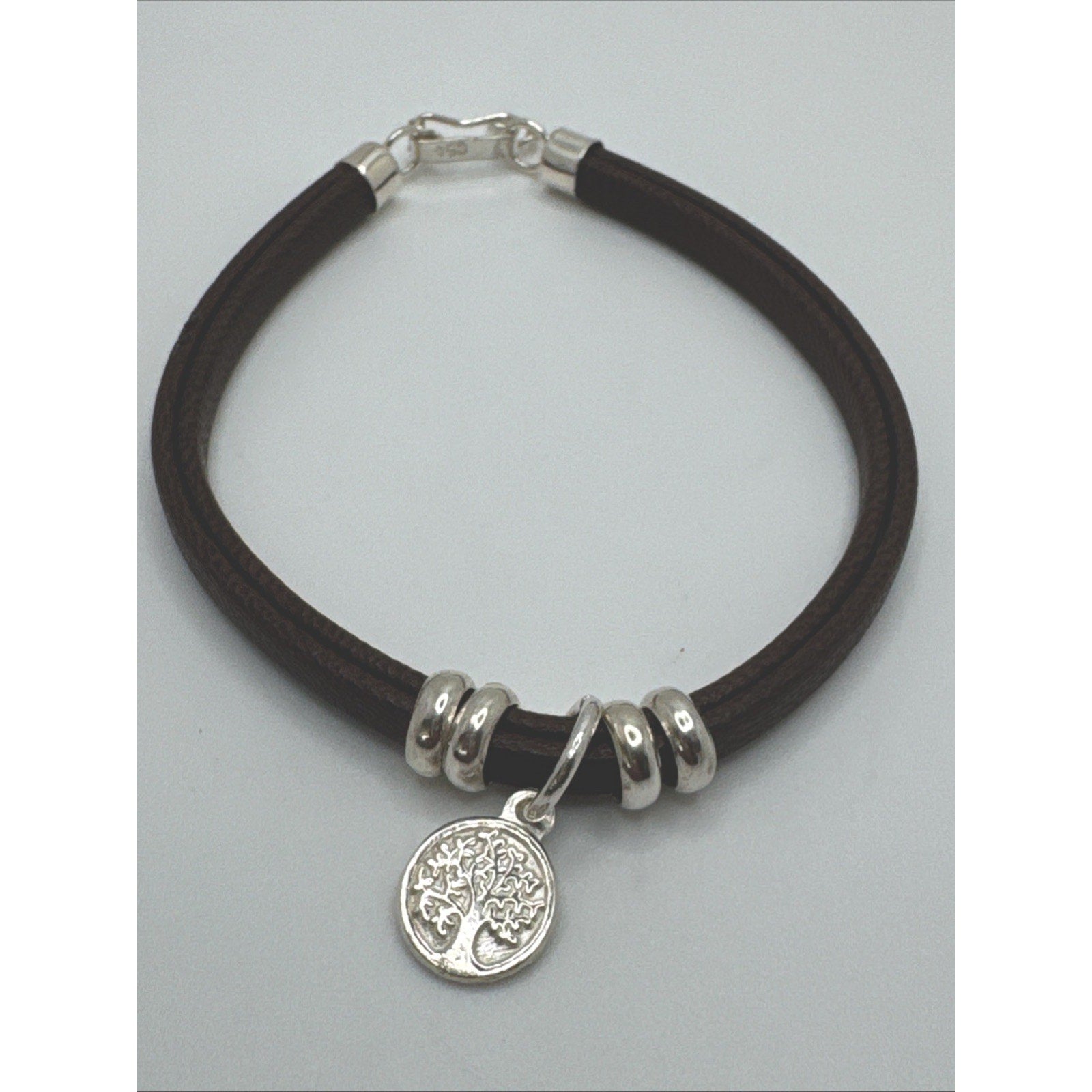 950 Sterling Silver Brown Leather Bracelet Tree Of Life Charm