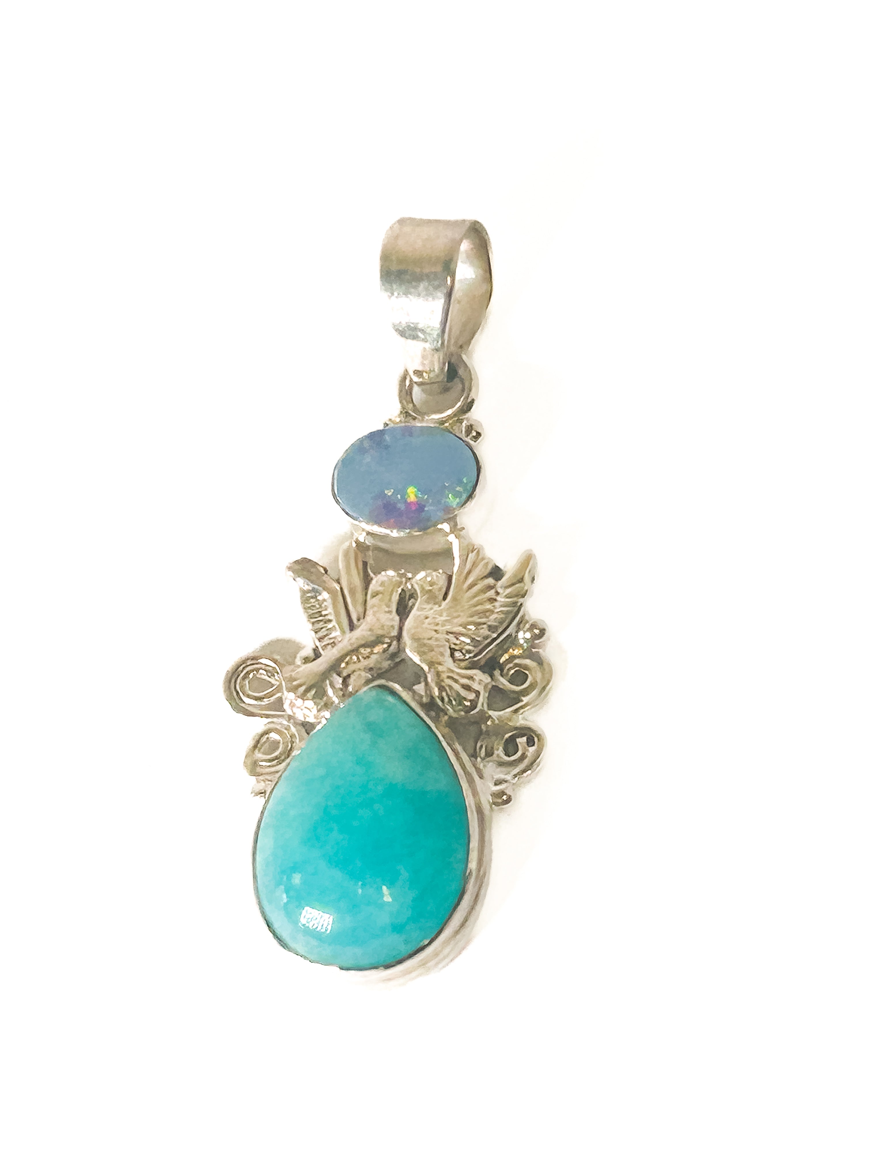 Vintage 925 Sterling Silver Australian Opal and Larimar Pendant - Frijja, LLC
