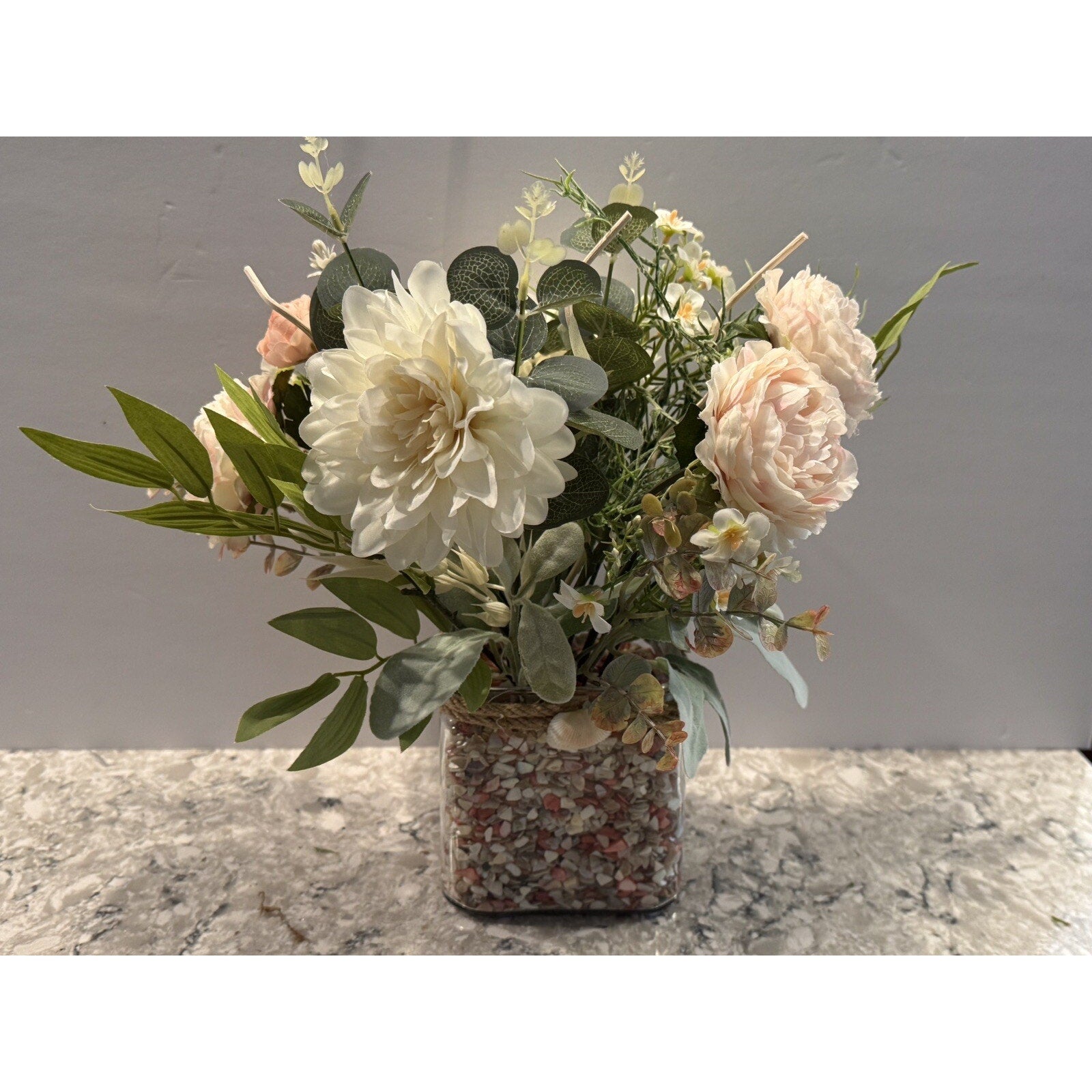 Spring Silk Floral Arrangement Clear Glass Vase Shell Chips Beach Decor