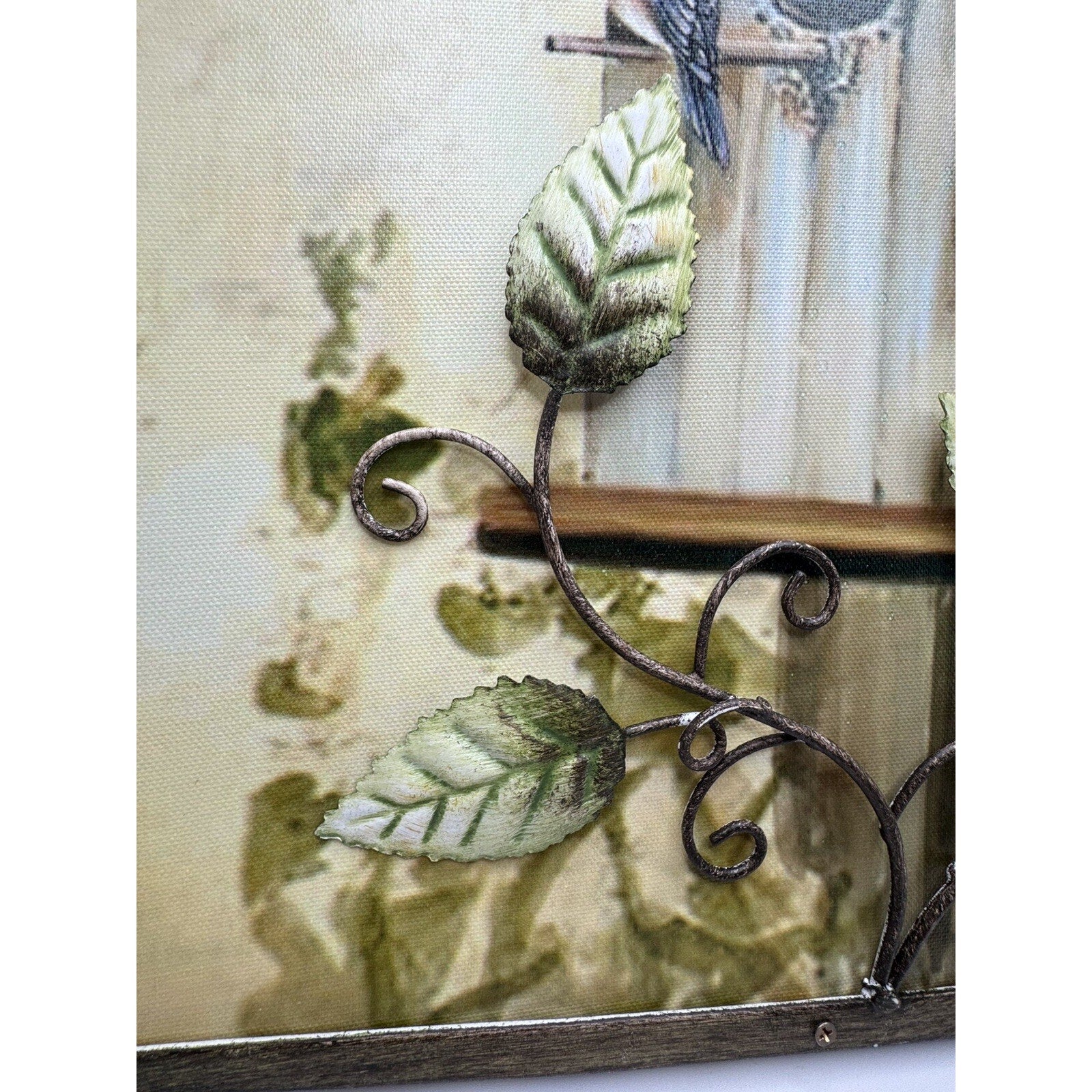 Rare Birdhouse Painting on Canvas and Metal Leaves - 12” X 12”