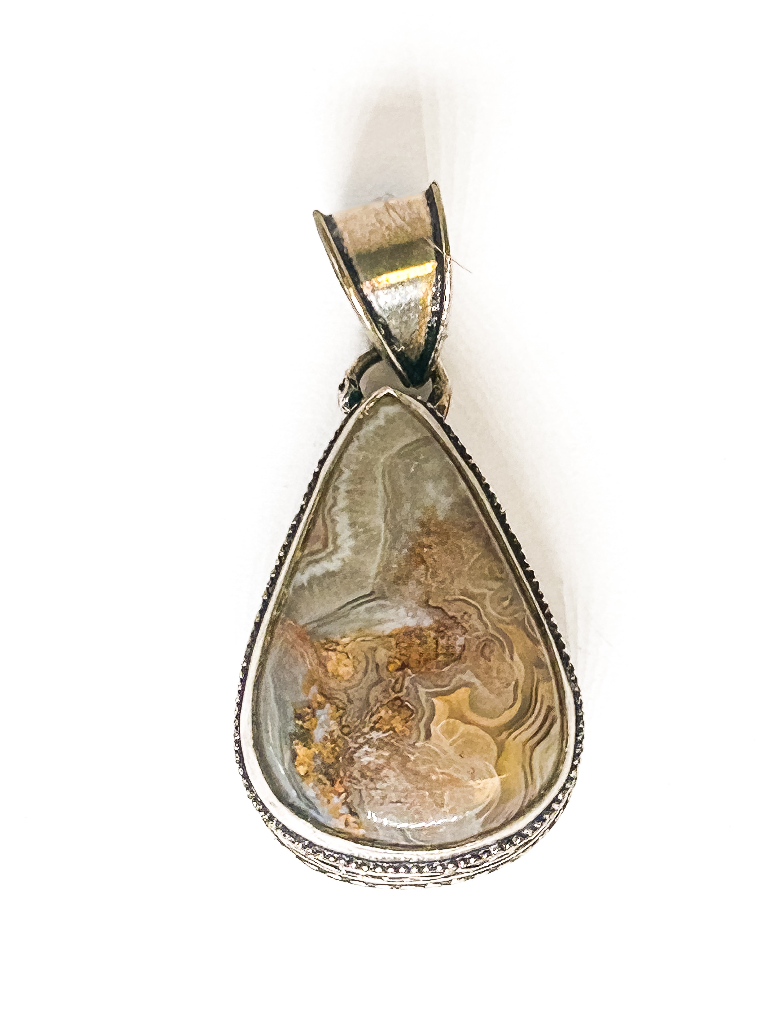 Vintage 925 Sterling Silver Large Teardrop Lace Agate Pendant - Frijja, LLC