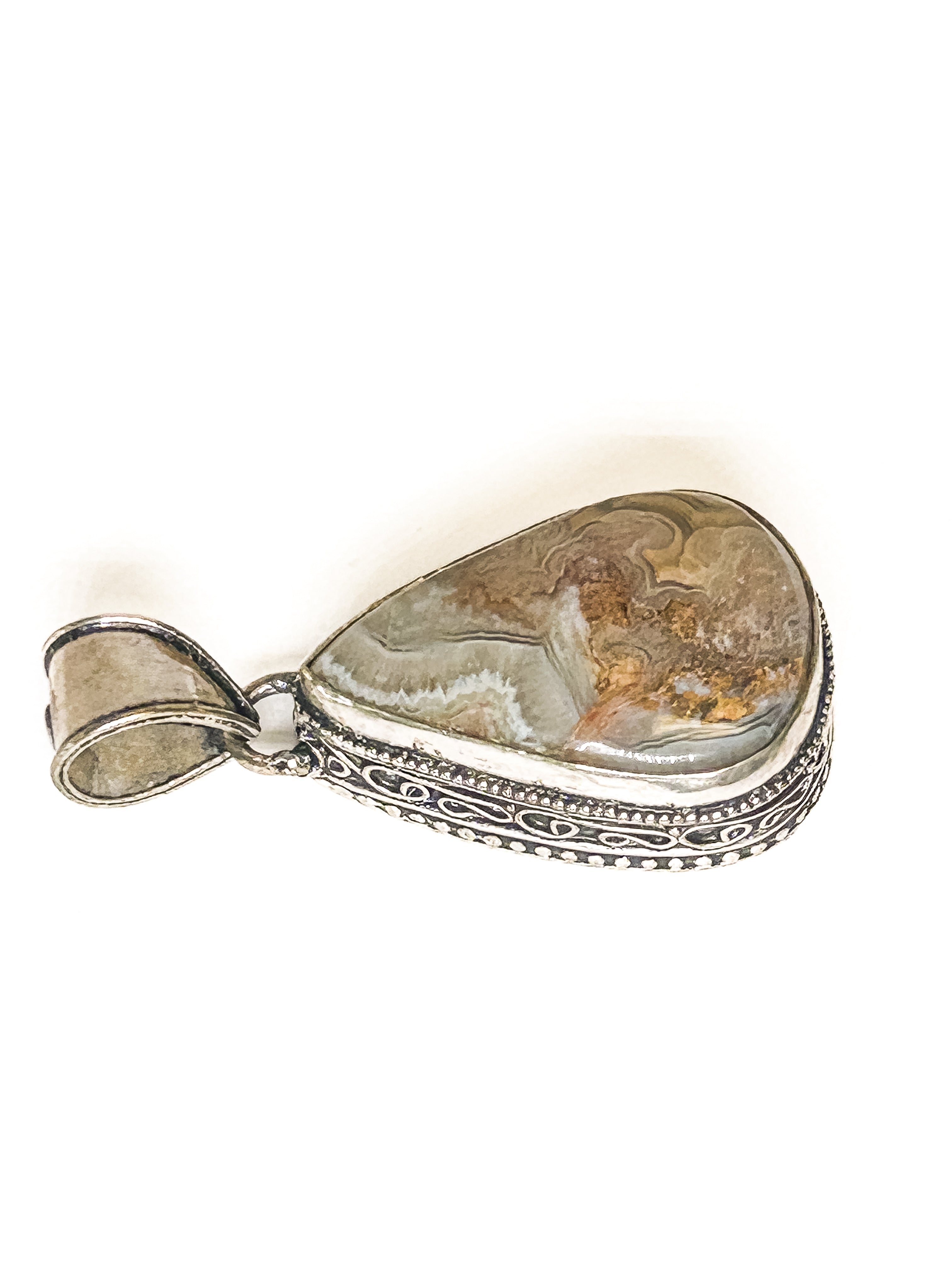 Vintage 925 Sterling Silver Large Teardrop Lace Agate Pendant - Frijja, LLC