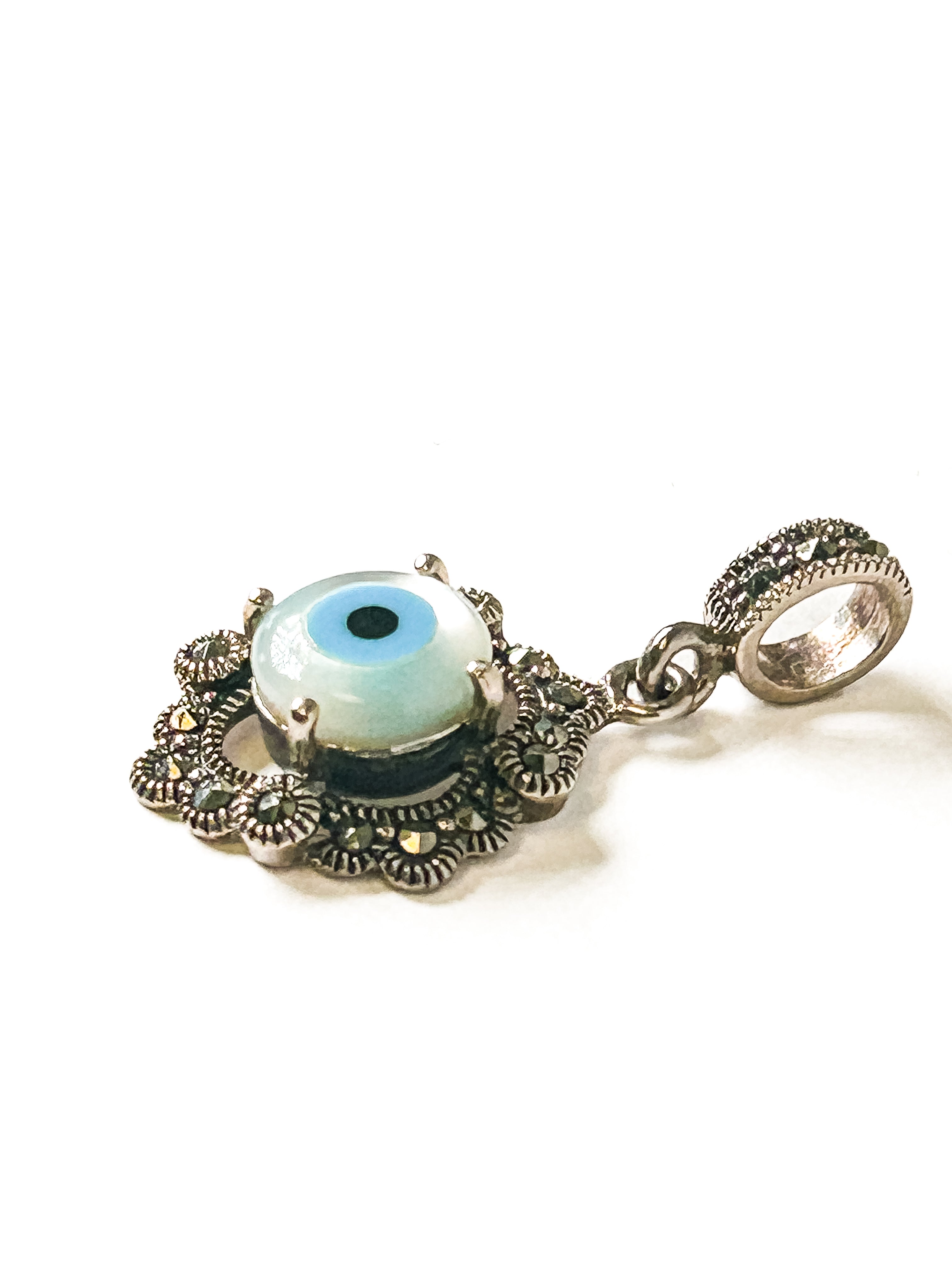 Vintage 925 Sterling Silver Marcasite Evil Eye Pendant - Frijja, LLC