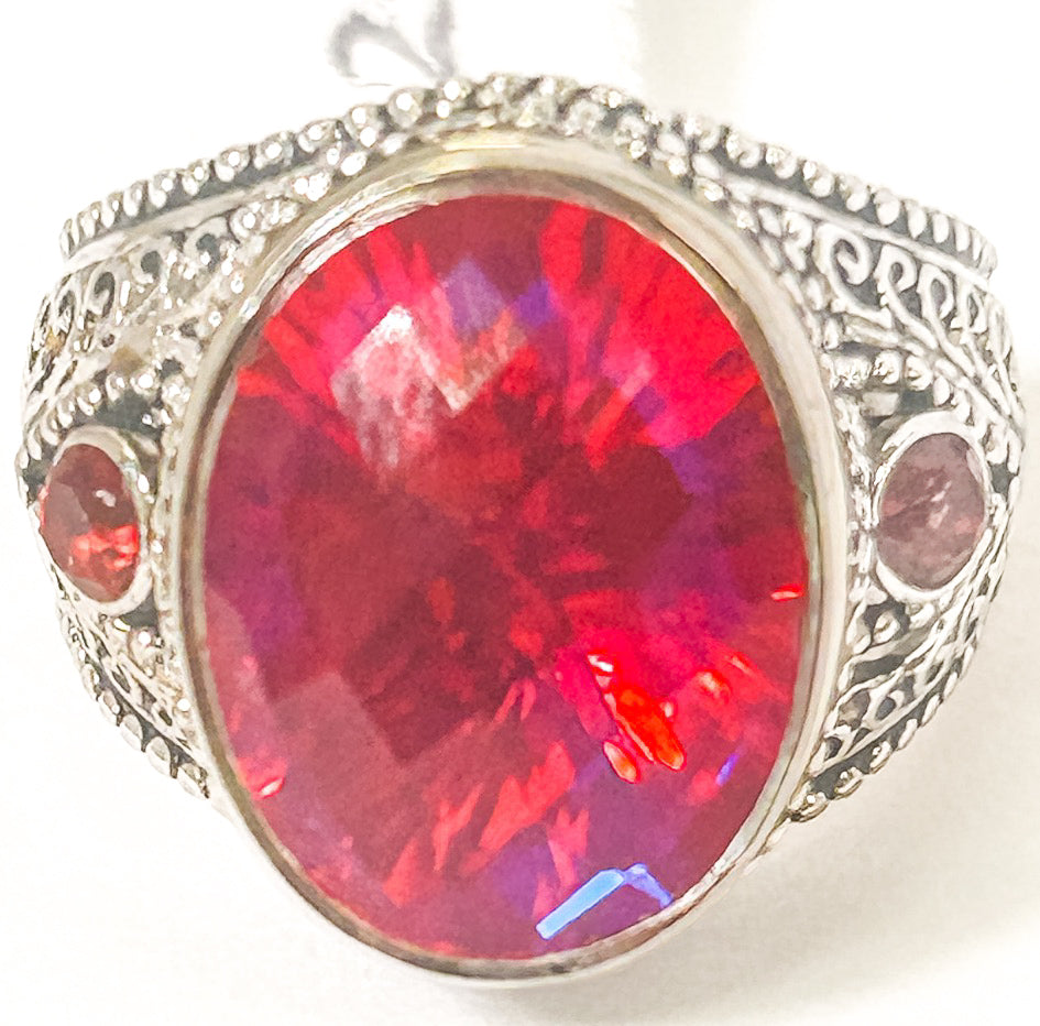 Vintage 925 Sterling Silver Large Red Opal Ring - Size 8 - Frijja, LLC