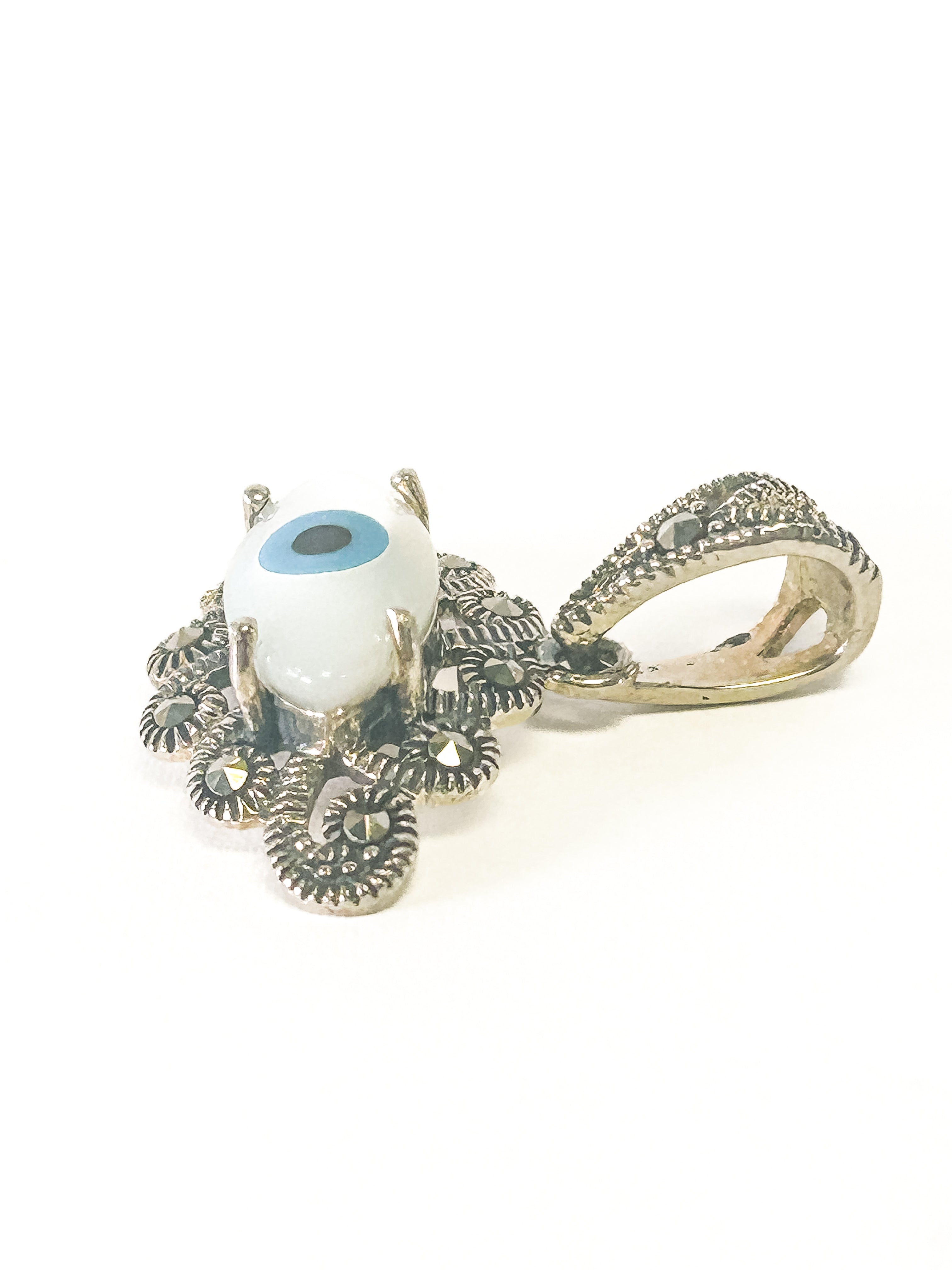 Vintage 925 Sterling Silver Marcasite Mother of Pearl Evil Eye Pendant - Frijja, LLC
