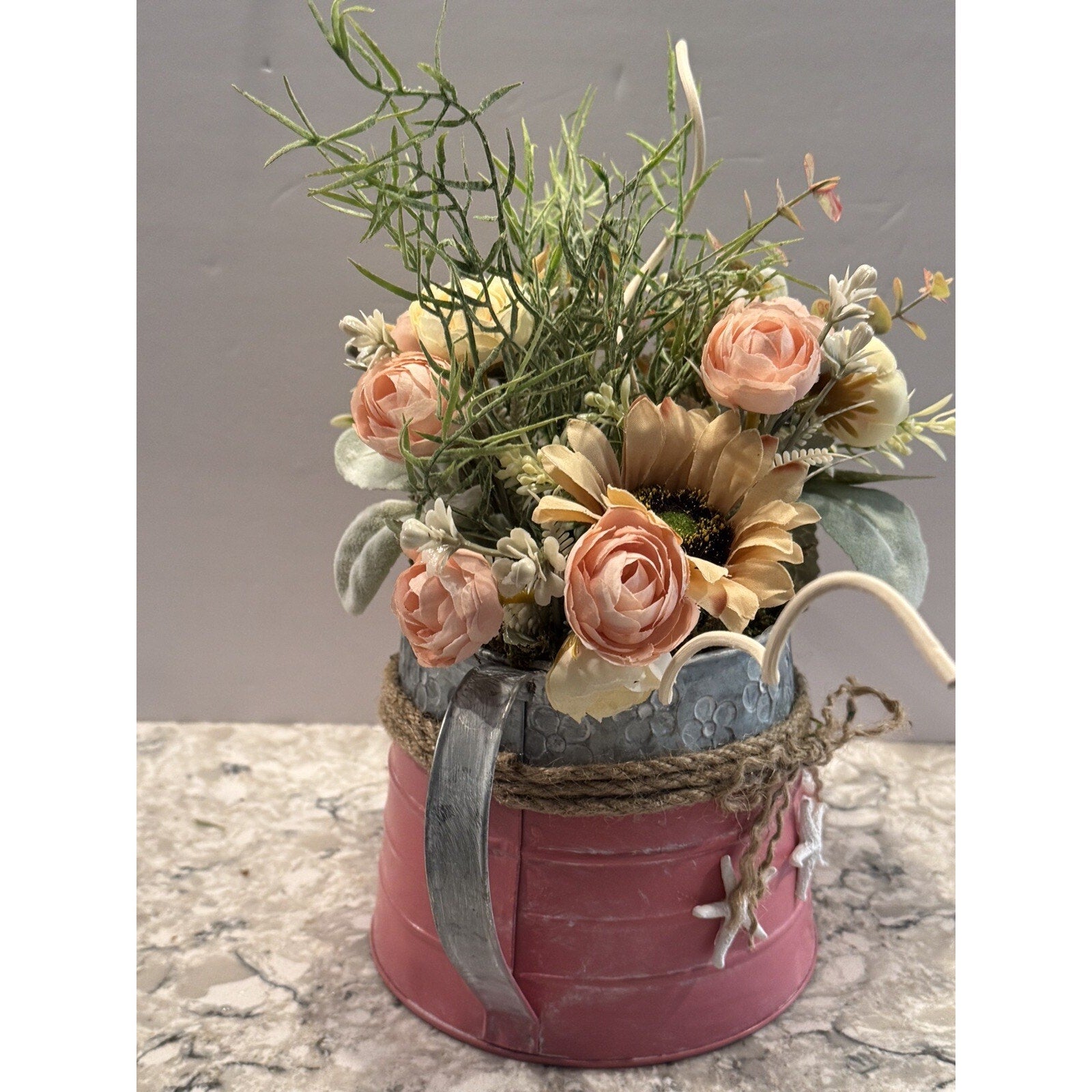 Spring Floral Arrangement in Metal Watering Can - Farmhouse Beach Rustic Decor