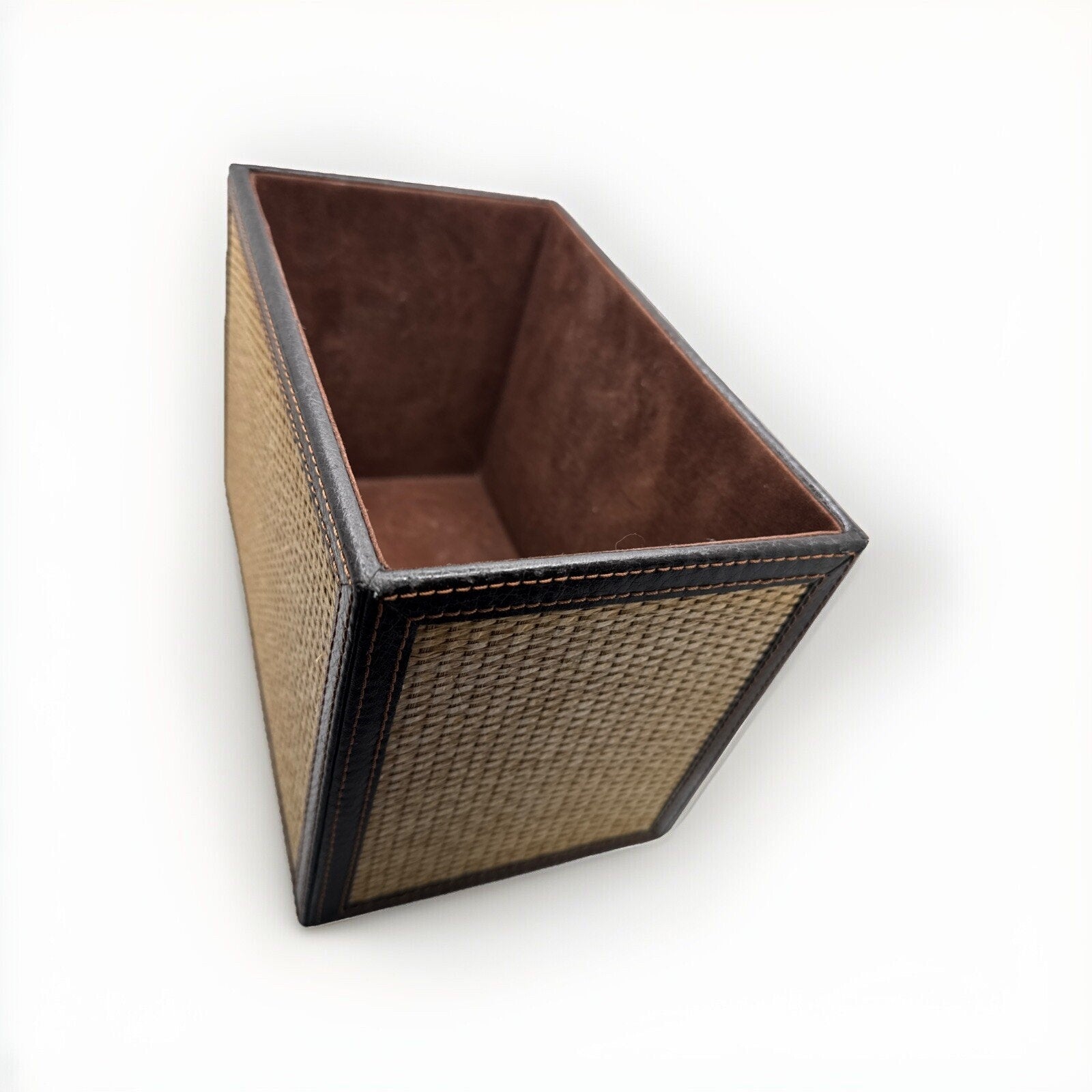 LC Woven Grass Box Trimmed with Lid Genuine Brown Leather and Lined in Suede