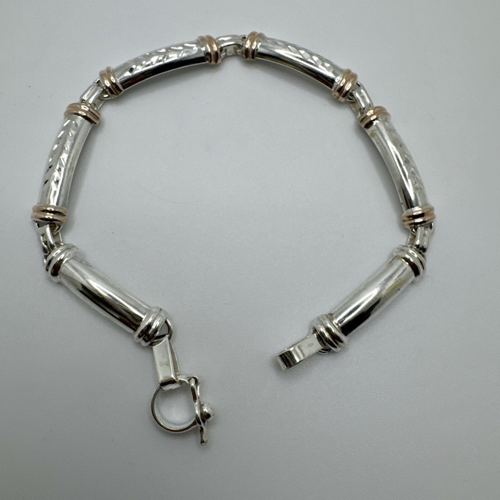 Designer Peruvian Sterling Silver 950 and 18K Gold Inlay Bracelet - 7.5”