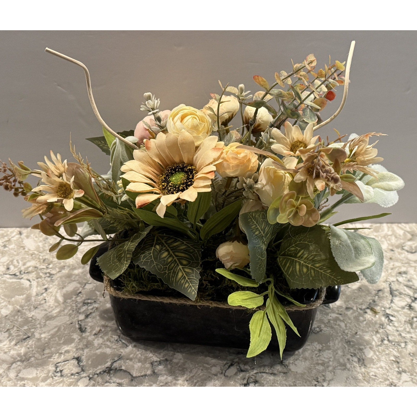Spring Silk Floral Arrangement Black Ceramic Vase Nautical Decor