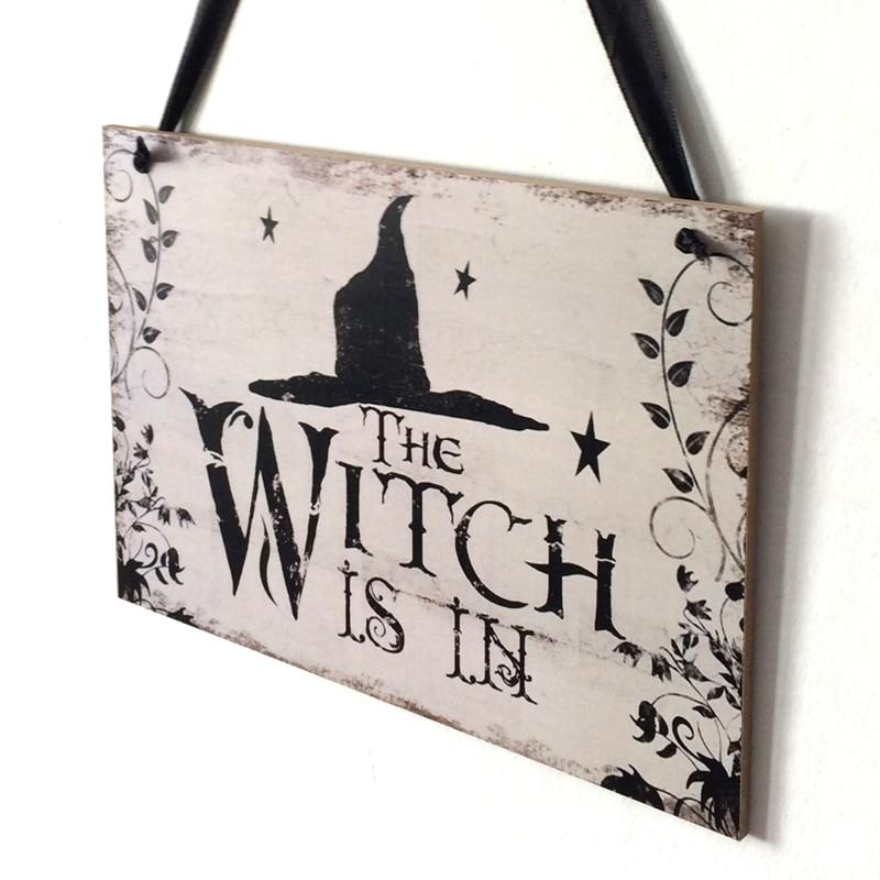 Halloween Decoration The Witch Is In Rustic Wooden Plaque Wall Sign