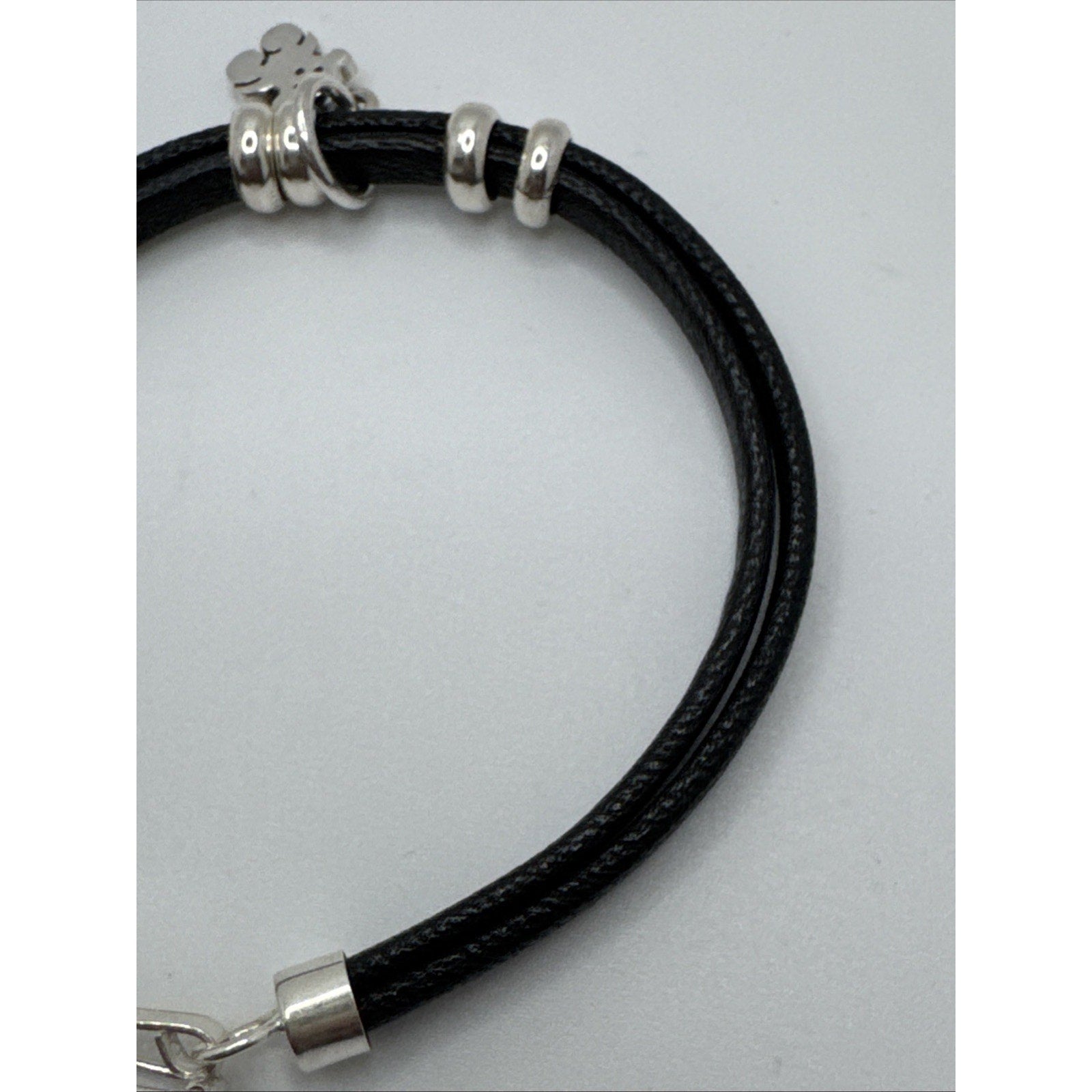 950 Sterling Silver Black Leather Bracelet Bear Charm