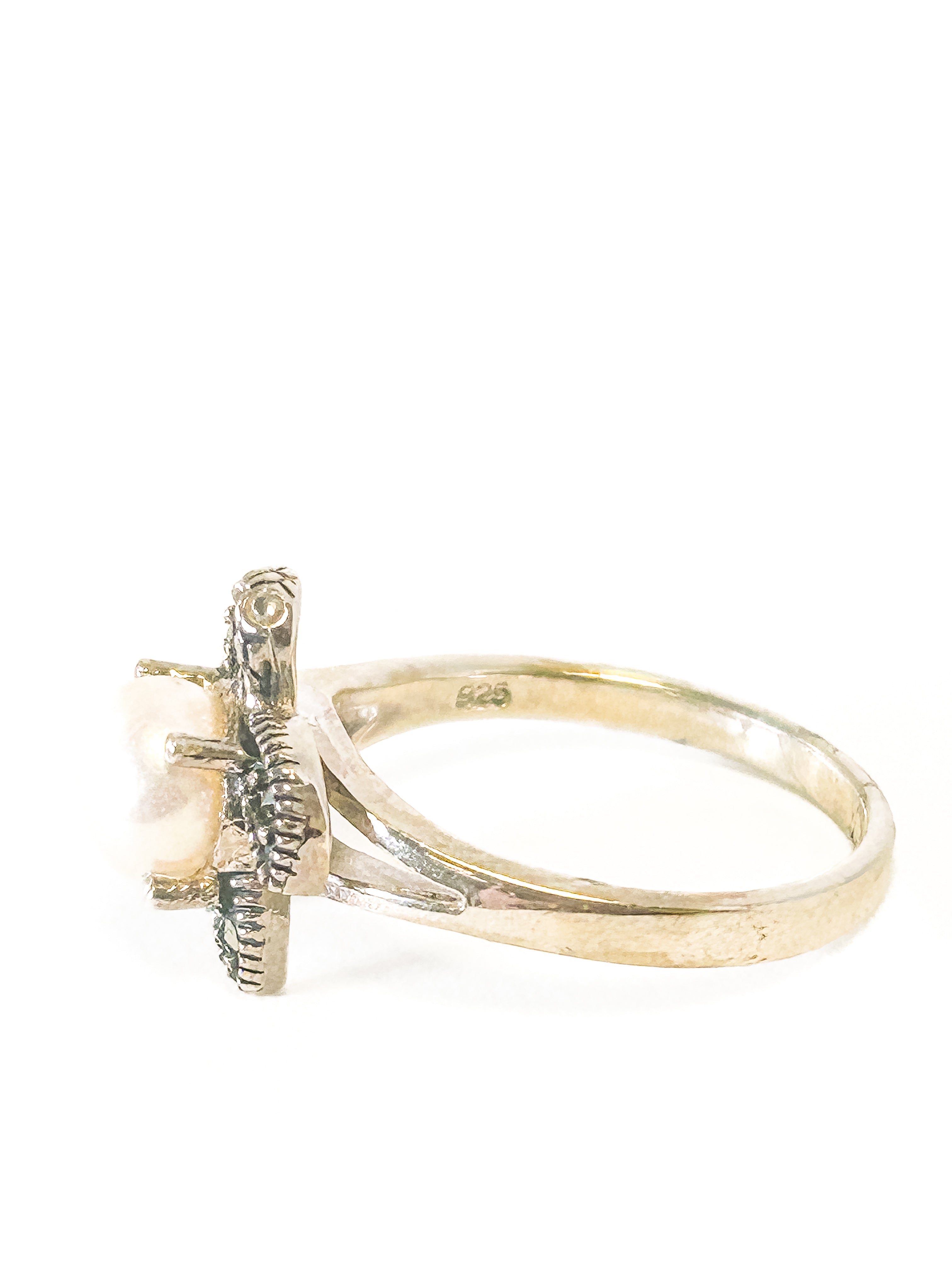 925 Sterling Silver Pearl and marcasite Turtle Ring Size 8 - Frijja, LLC