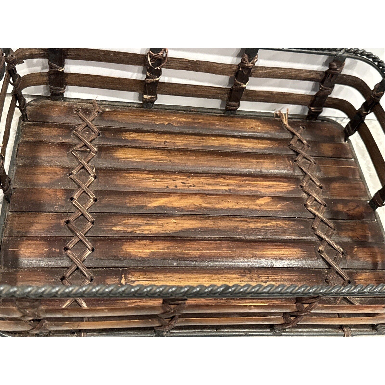 Woven Bamboo Tray with Metal Structure Handles Black/Brown