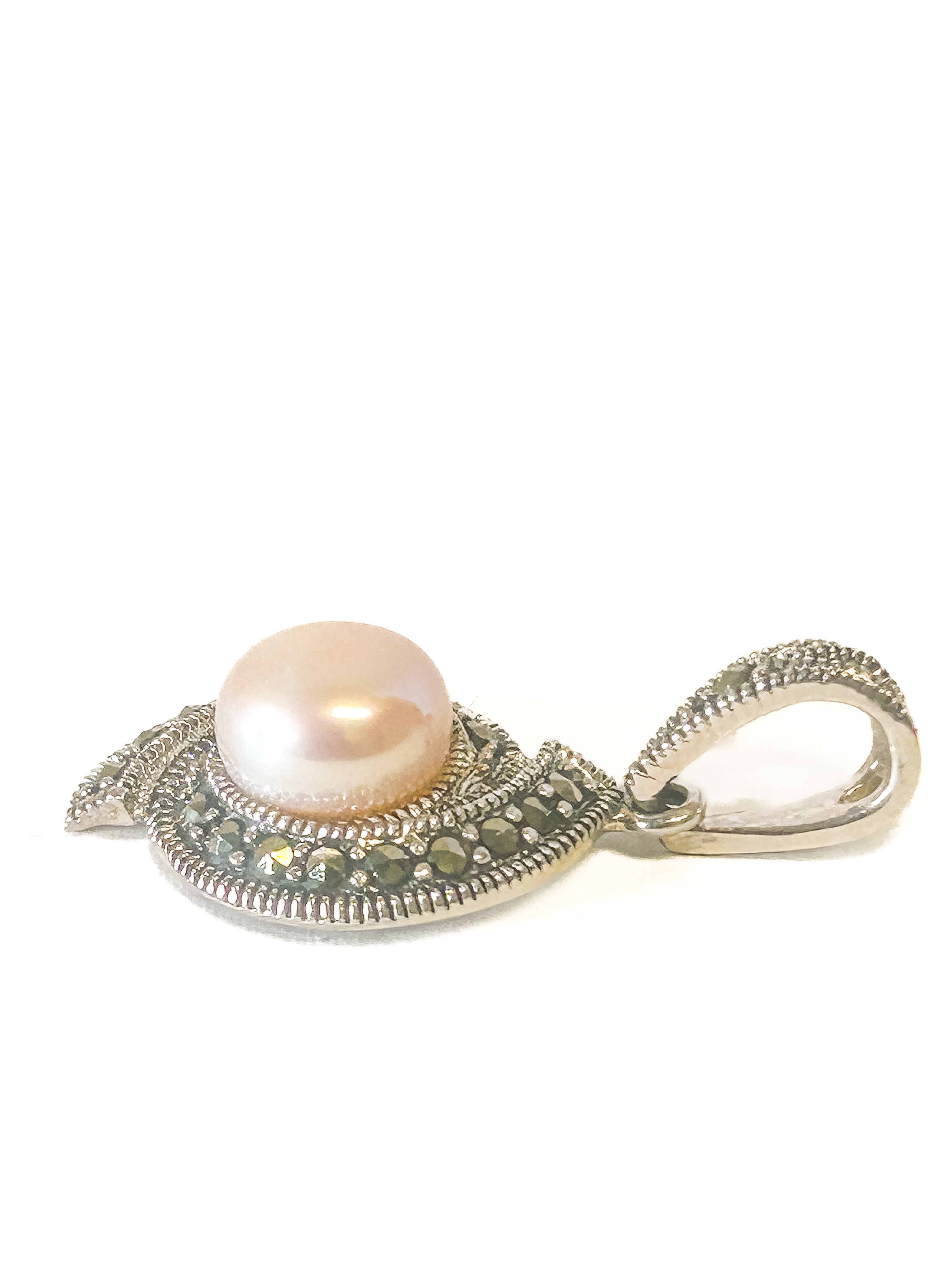 925 Sterling Silver Pink Pearl and Marcasite Pendant - Frijja, LLC