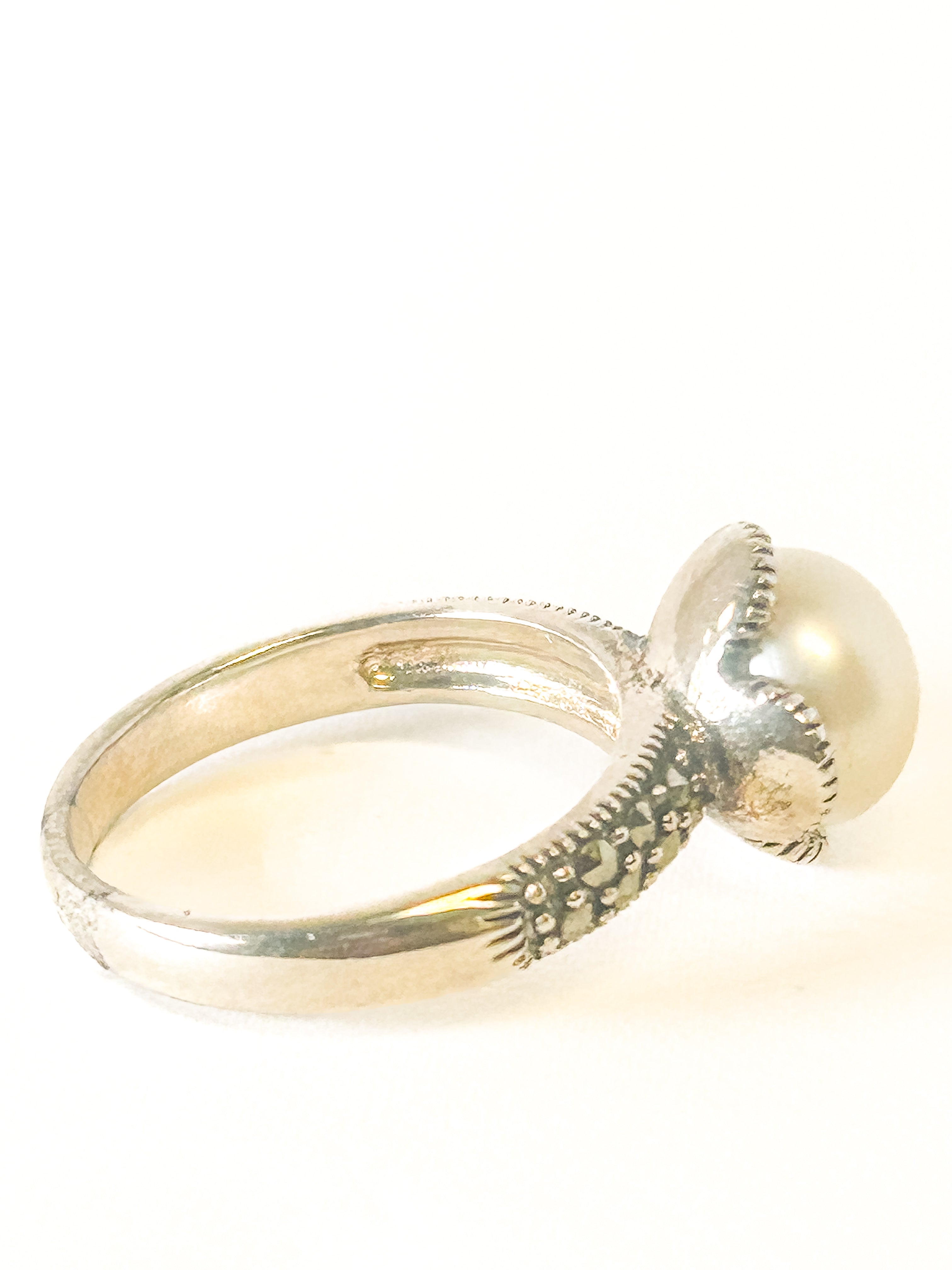 925 Sterling Silver Pearl and Marcasite Ring Size 7 - Frijja, LLC