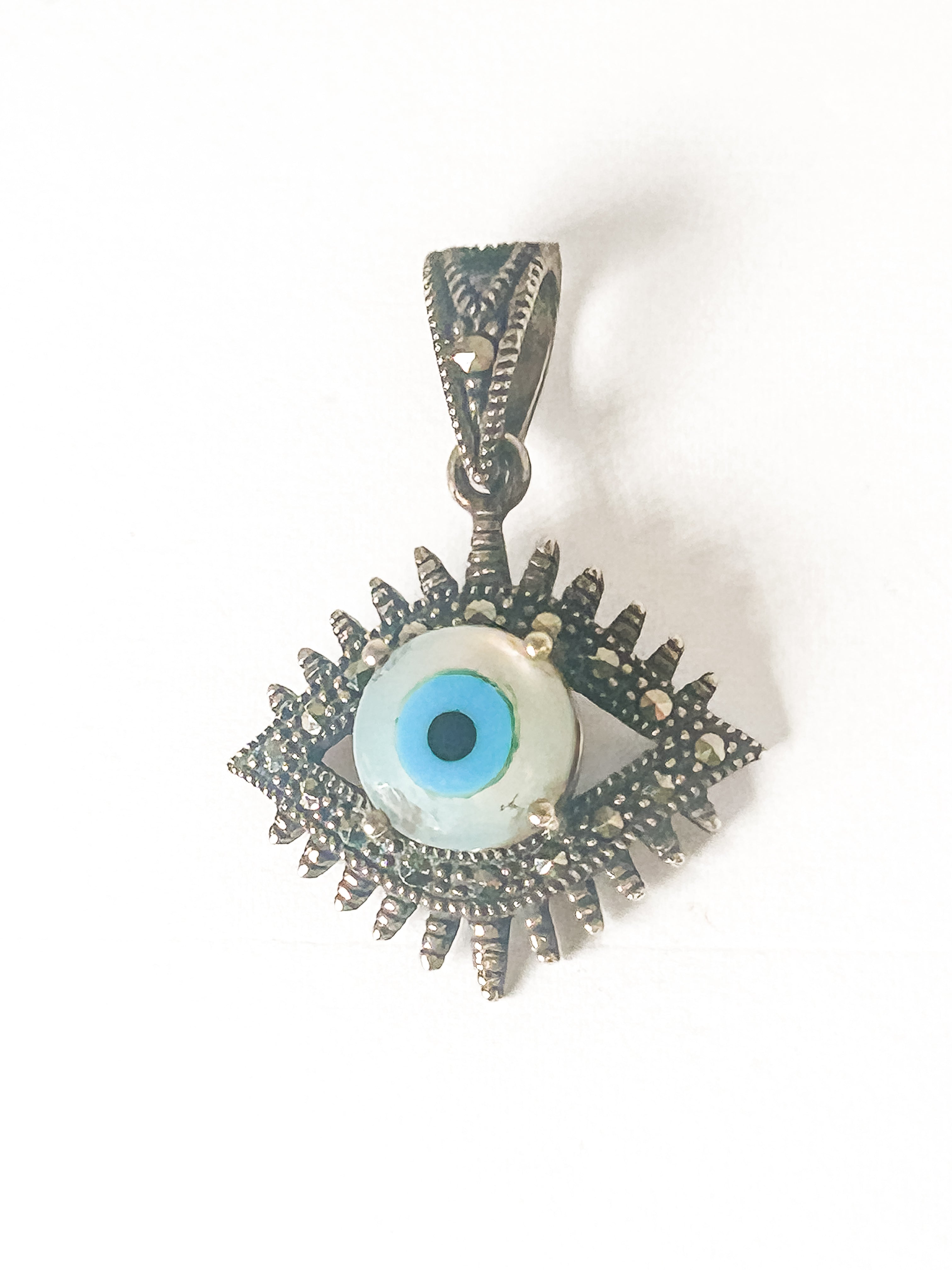 Vintage 925 Sterling Silver Large Marcasite Evil Eye Pendant