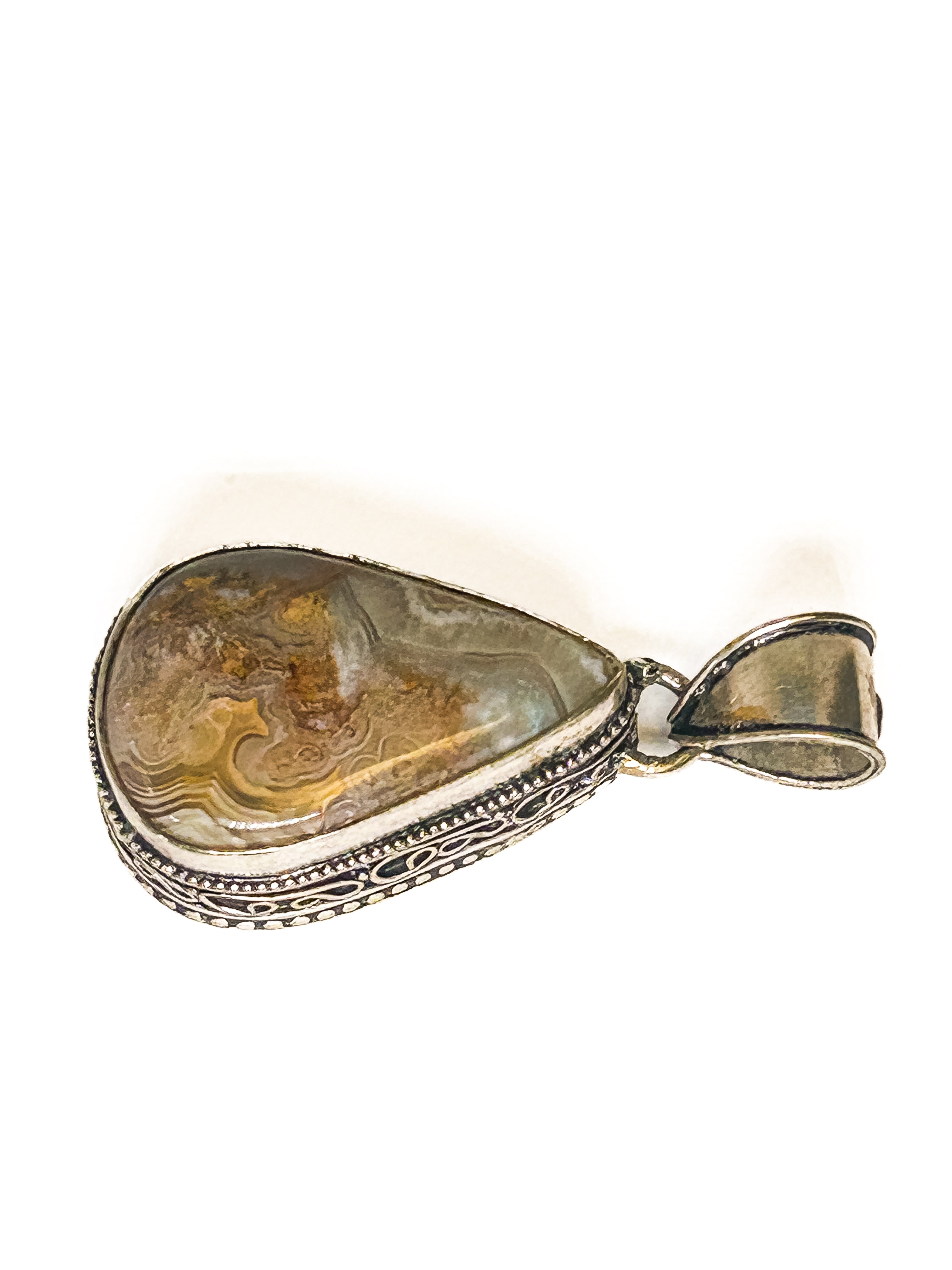 Vintage 925 Sterling Silver Large Teardrop Lace Agate Pendant - Frijja, LLC