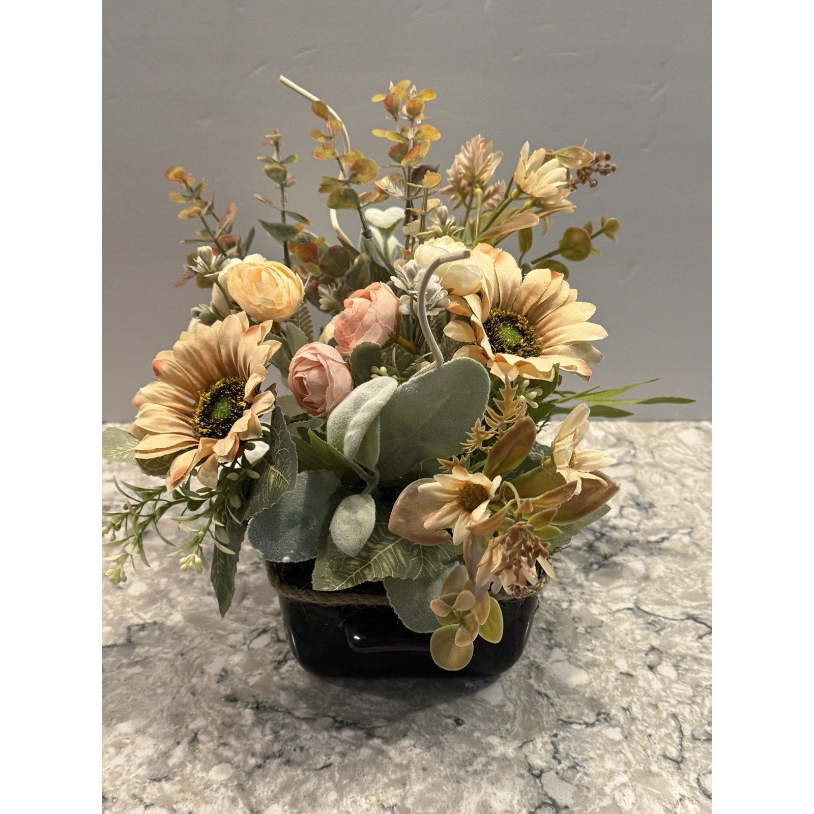 Spring Silk Floral Arrangement Black Ceramic Vase Nautical Decor