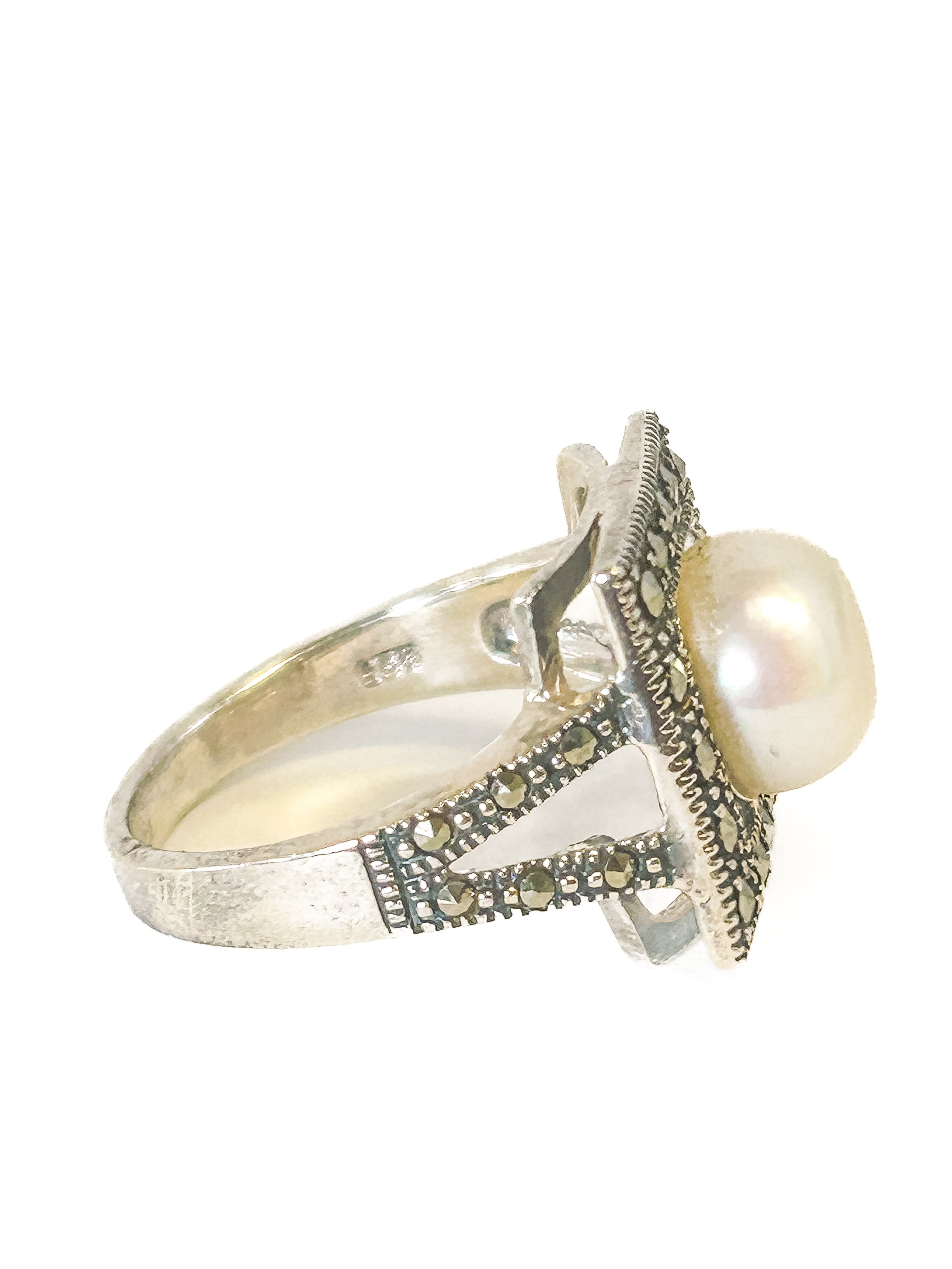 925 Sterling Silver Marcasite and Pearl Ring Size 7 - Frijja, LLC